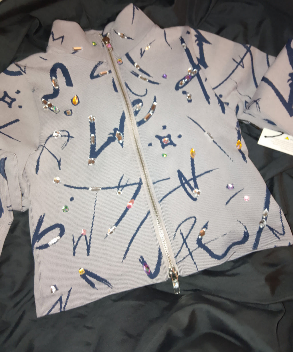 Misty Aero Soft Grey & Navy Blue Zip Stretch Crop Top