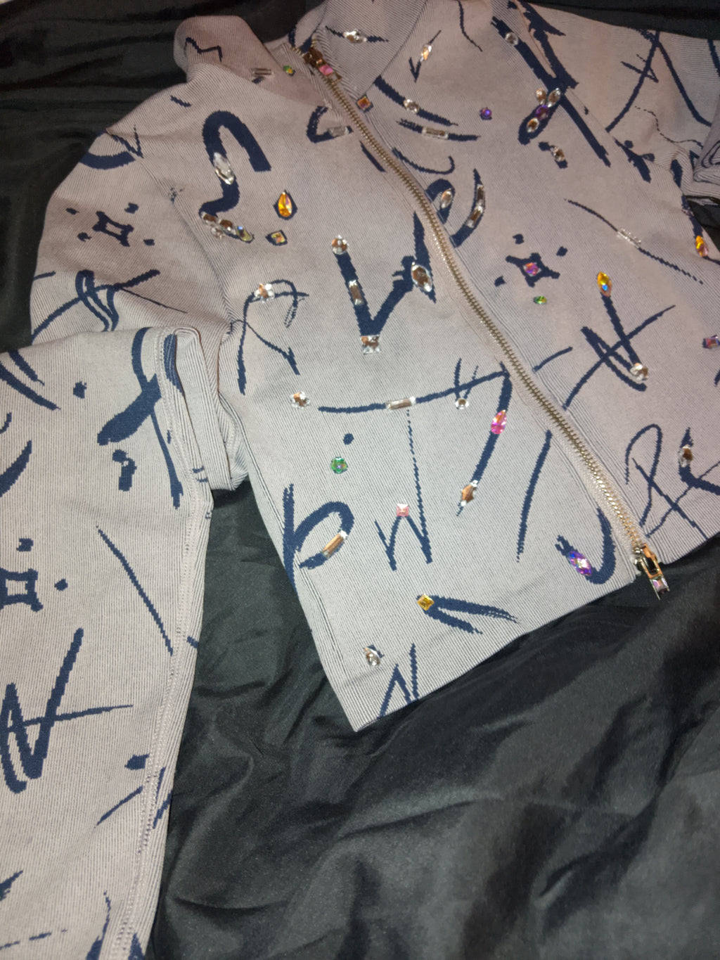 Misty Aero Soft Grey & Navy Blue Zip Stretch Crop Top