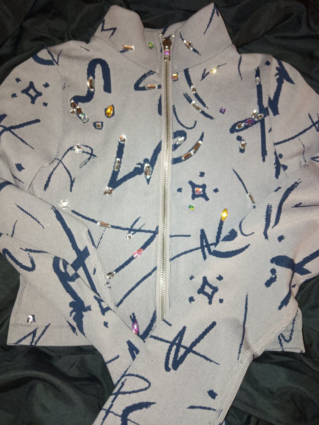 Misty Aero Soft Grey & Navy Blue Zip Stretch Crop Top