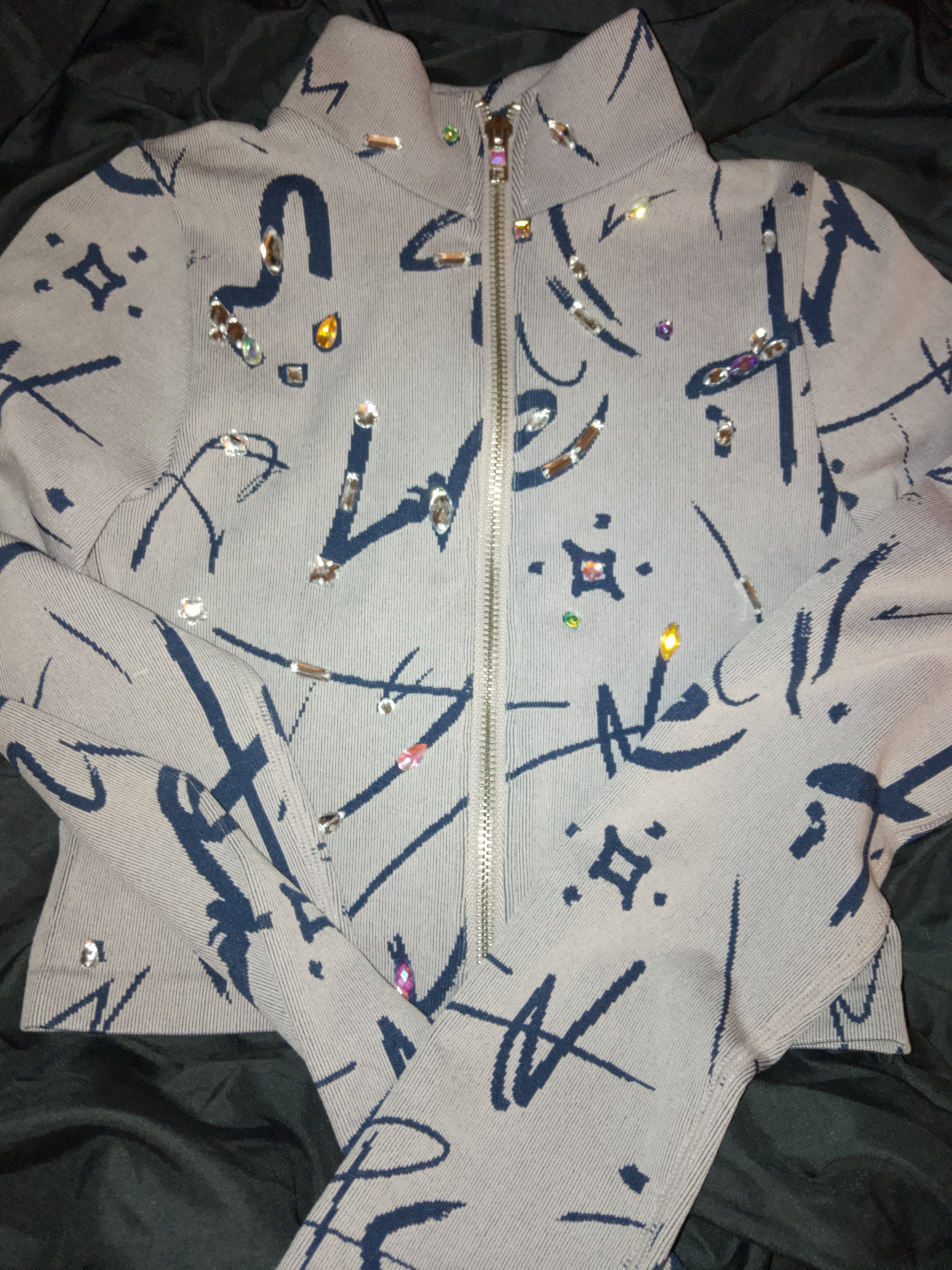 Misty Aero Soft Grey & Navy Blue Zip Stretch Crop Top