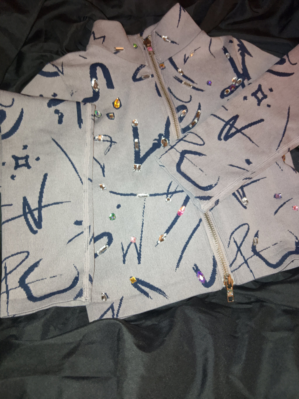 Misty Aero Soft Grey & Navy Blue Zip Stretch Crop Top