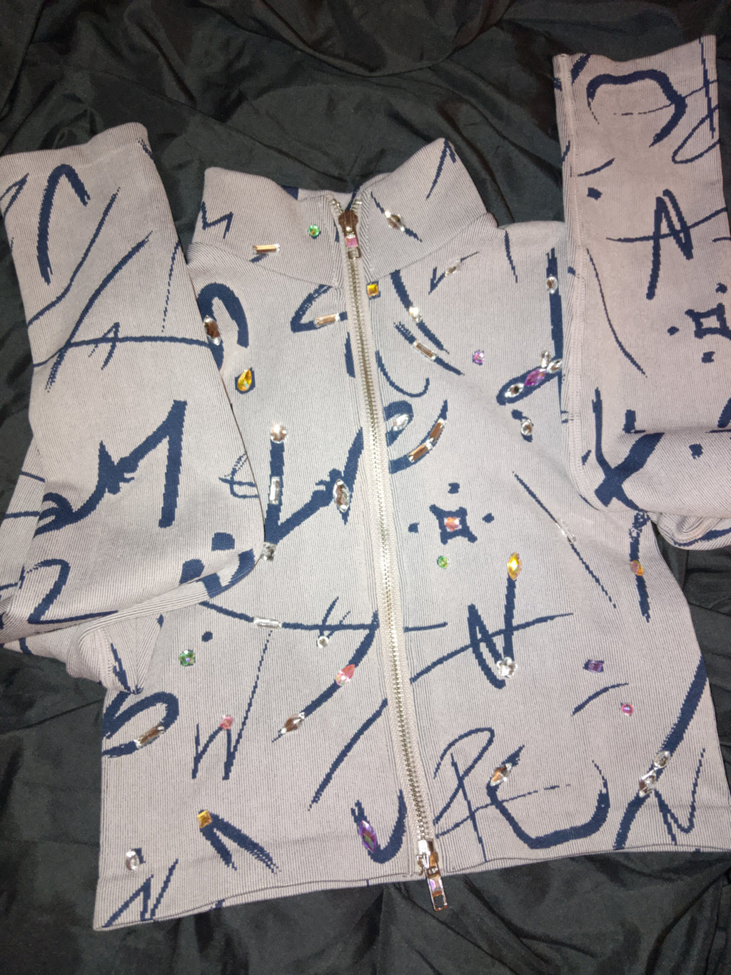 Misty Aero Soft Grey & Navy Blue Zip Stretch Crop Top