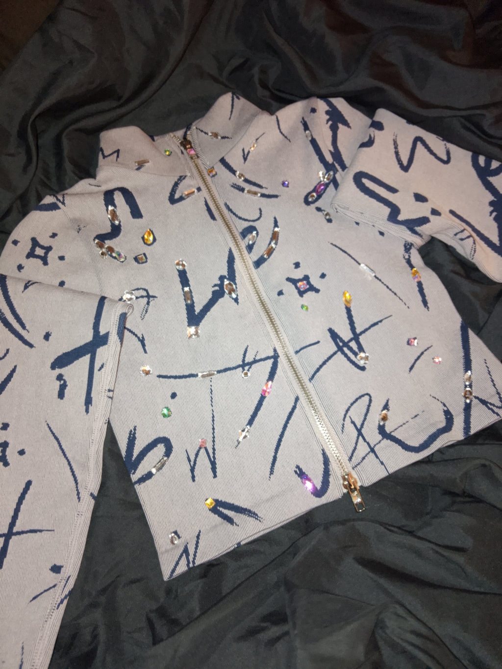 Misty Aero Soft Grey & Navy Blue Zip Stretch Crop Top