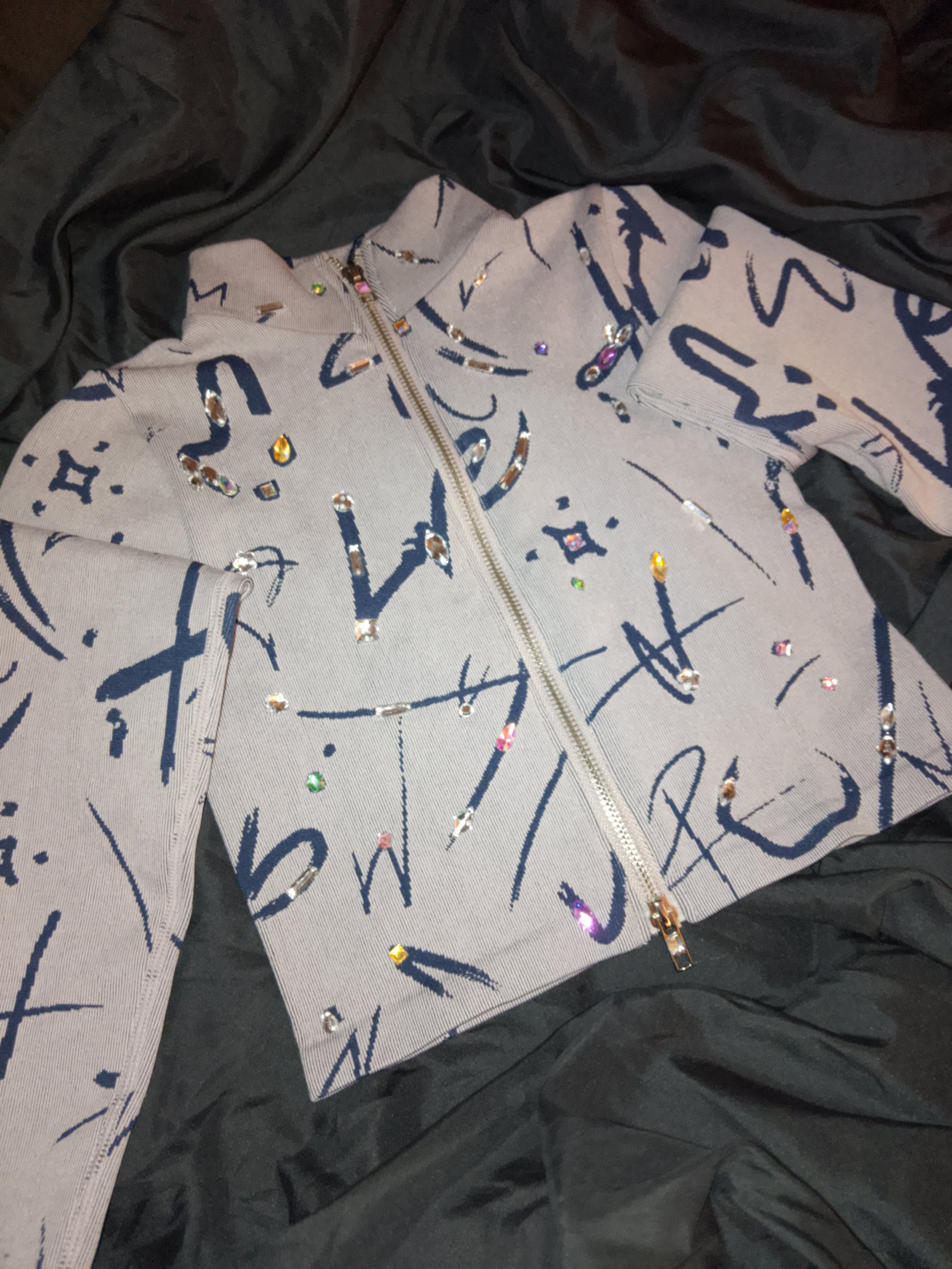 Misty Aero Soft Grey & Navy Blue Zip Stretch Crop Top