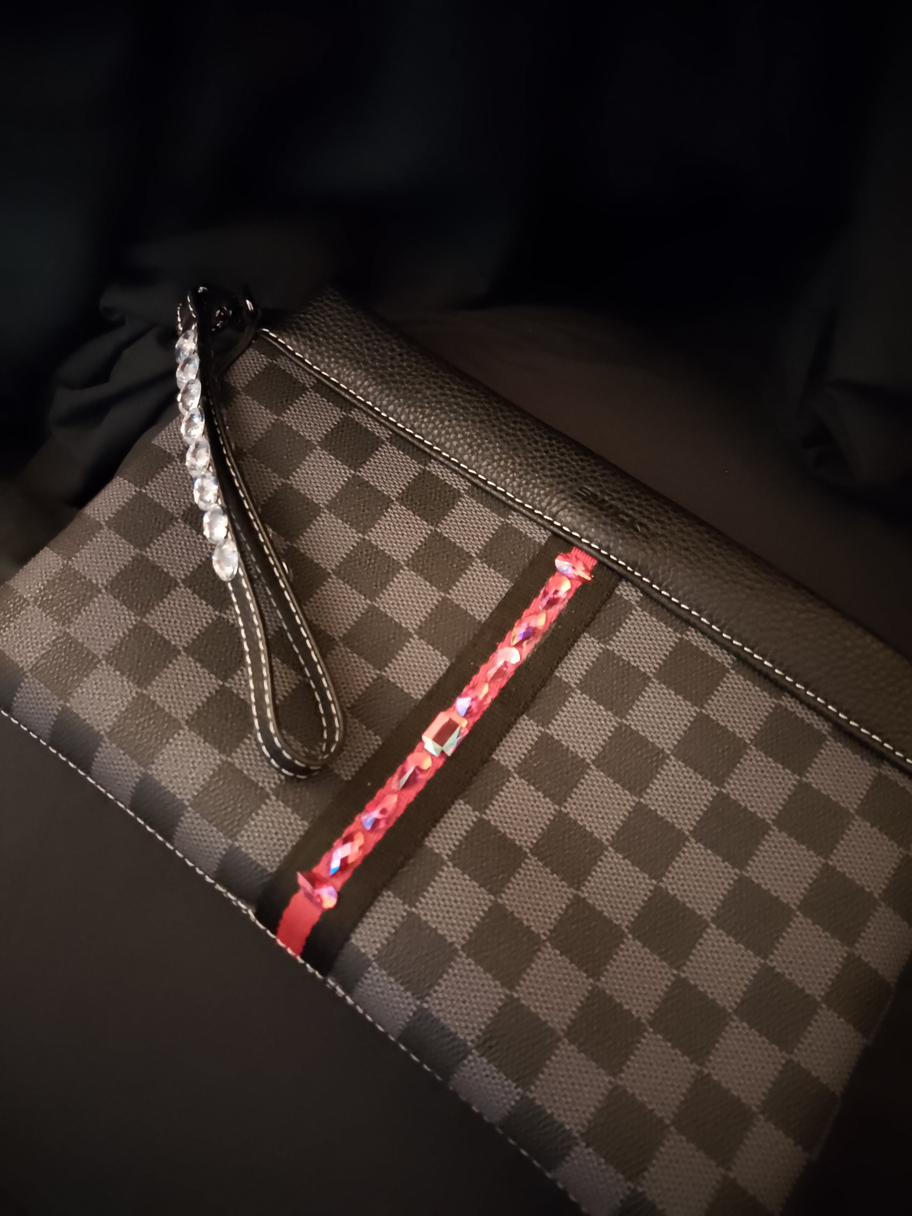 Oxford Cross Cut Grey Crimson Finish Line Clutch Hand Bag Silver Gem Studded Handle