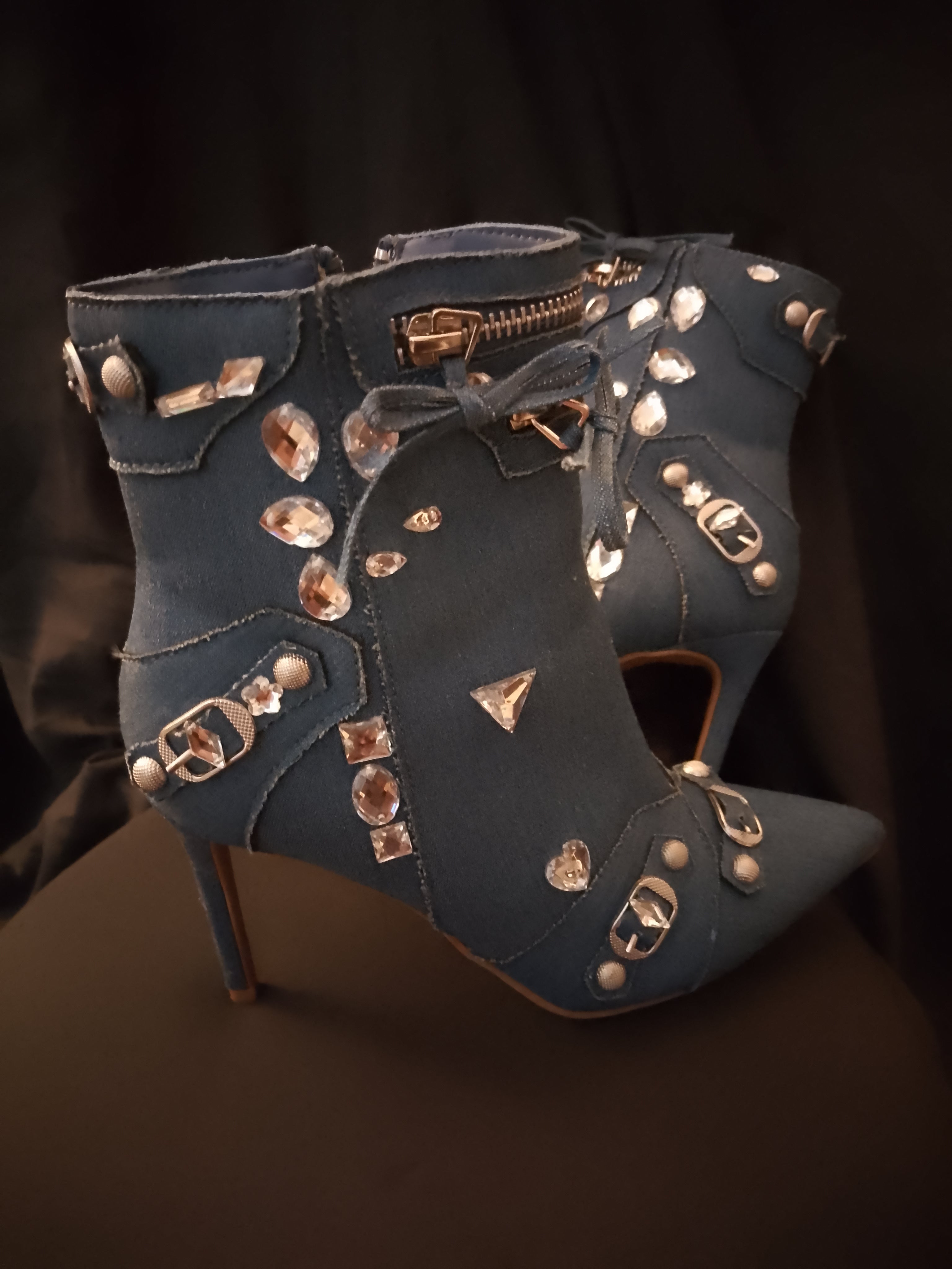 Blue Glitz Denim Twirl Lasso Ankle Boots With Bowties & Silver Gems