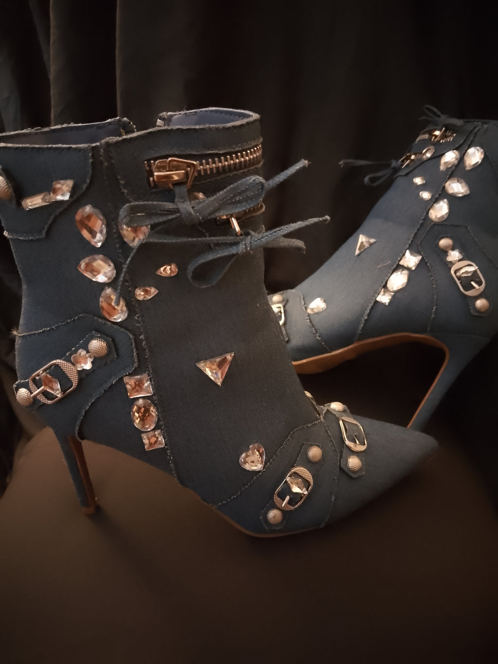 Blue Glitz Denim Twirl Lasso Ankle Boots With Bowties & Silver Gems