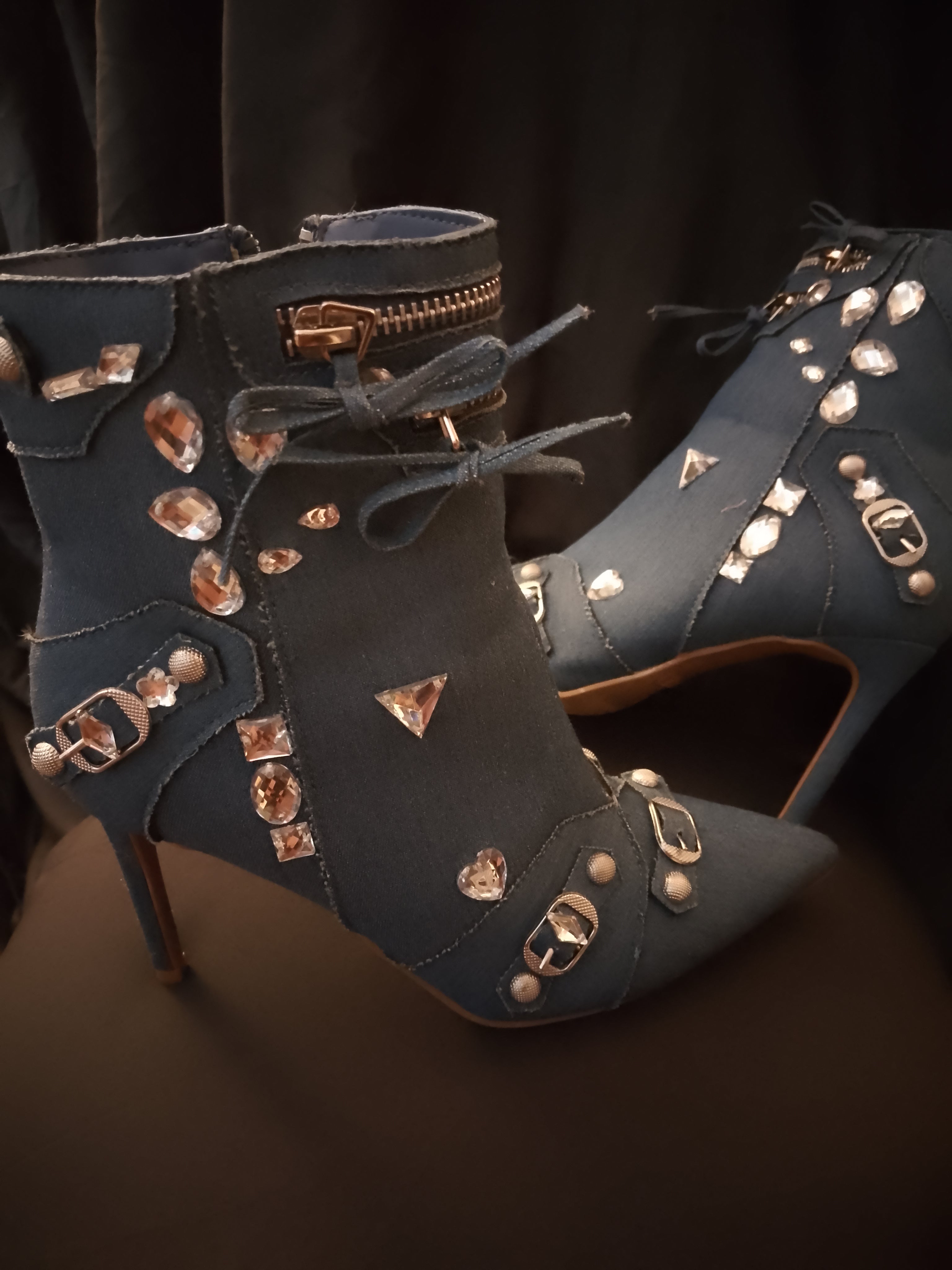 Blue Glitz Denim Twirl Lasso Ankle Boots With Bowties & Silver Gems