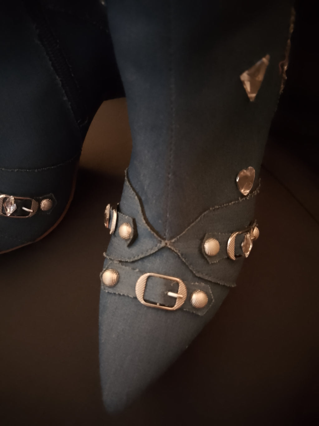 Blue Glitz Denim Twirl Lasso Ankle Boots With Bowties & Silver Gems