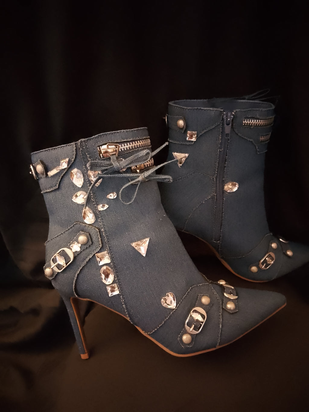 Blue Glitz Denim Twirl Lasso Ankle Boots With Bowties & Silver Gems