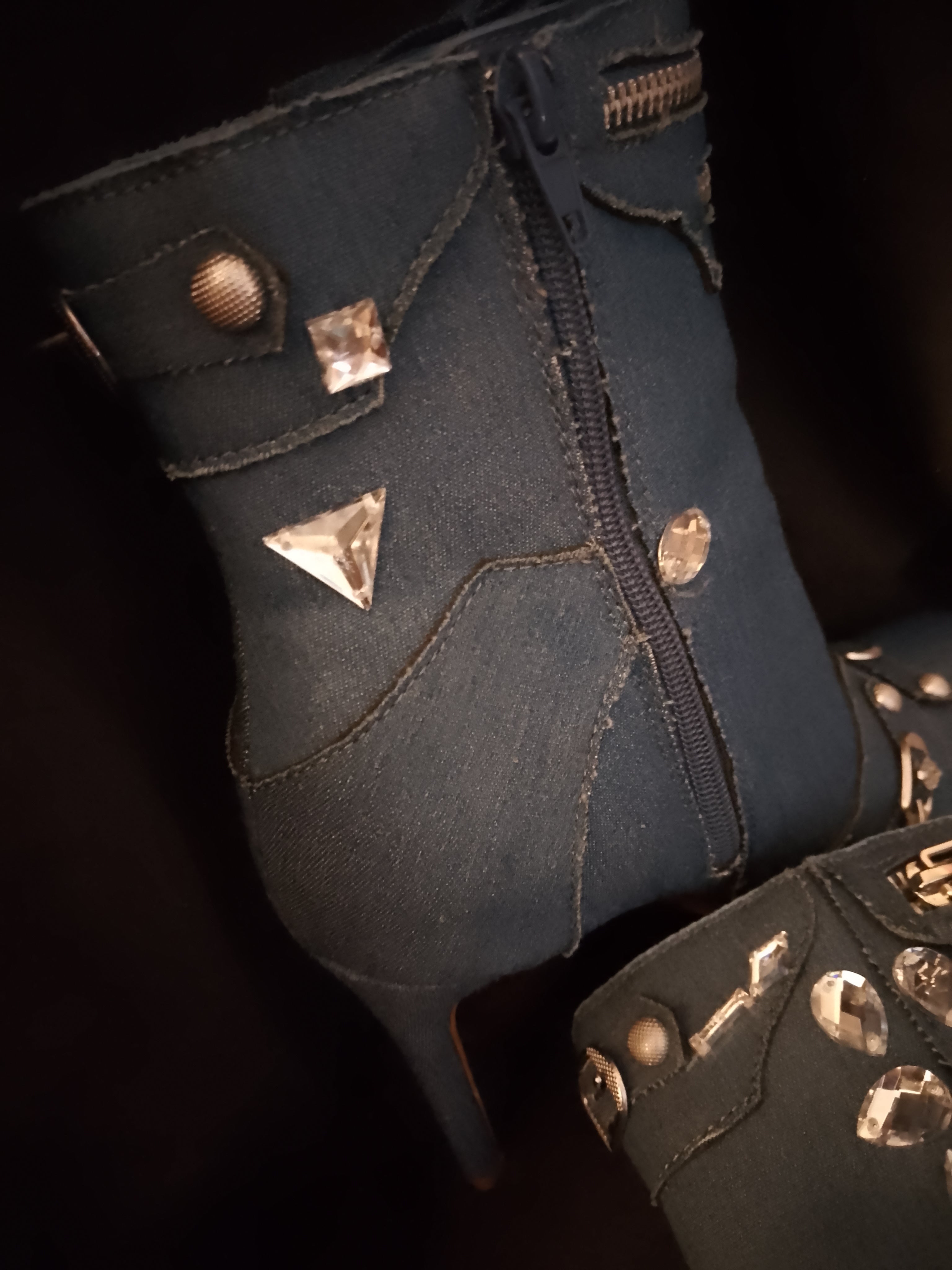 Blue Glitz Denim Twirl Lasso Ankle Boots With Bowties & Silver Gems