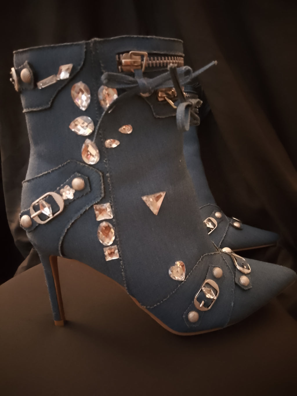 Blue Glitz Denim Twirl Lasso Ankle Boots With Bowties & Silver Gems