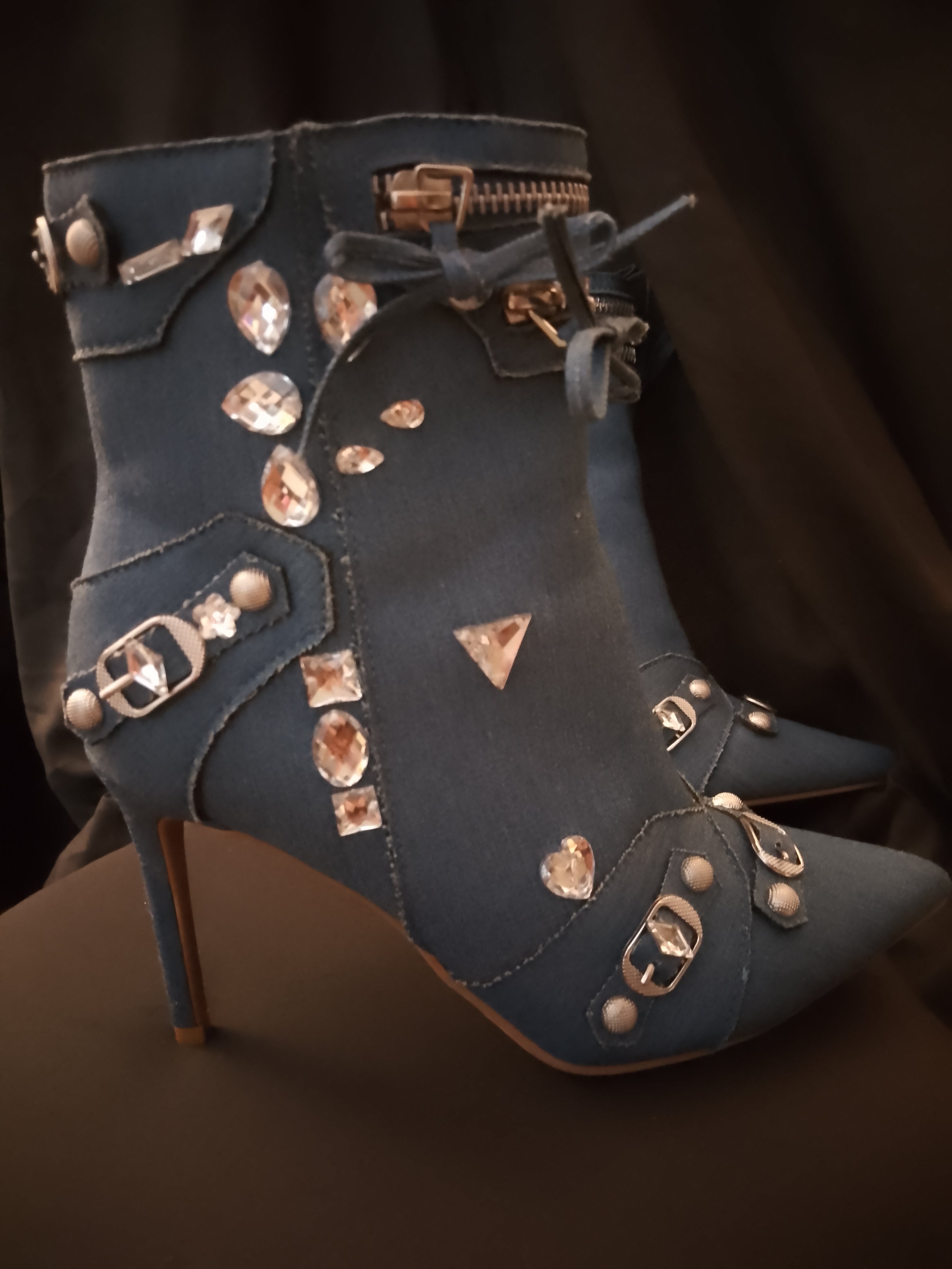 Blue Glitz Denim Twirl Lasso Ankle Boots With Bowties & Silver Gems