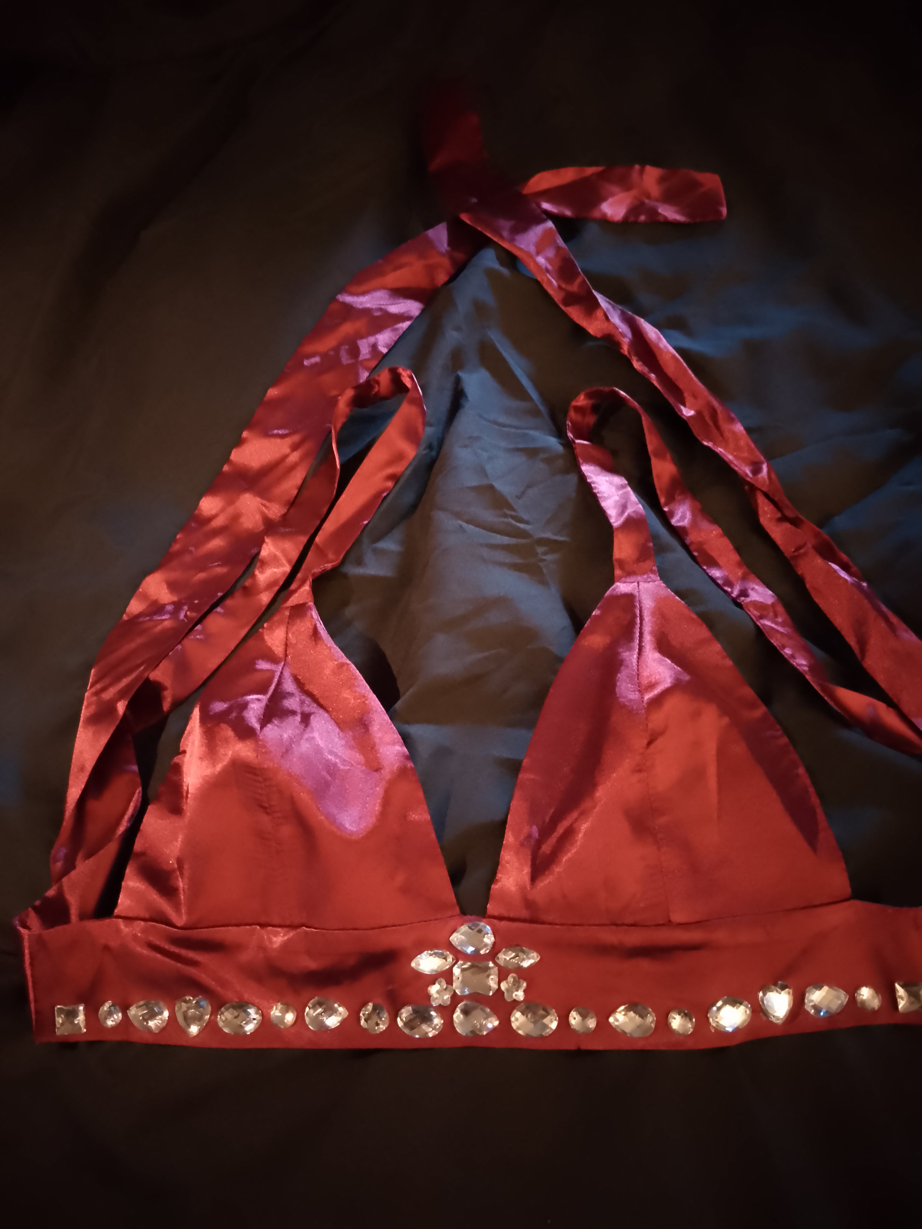 Candy Apple Red Kisses Satin Tie Back Top Wide Leg Pant Set W/ Silver Gems