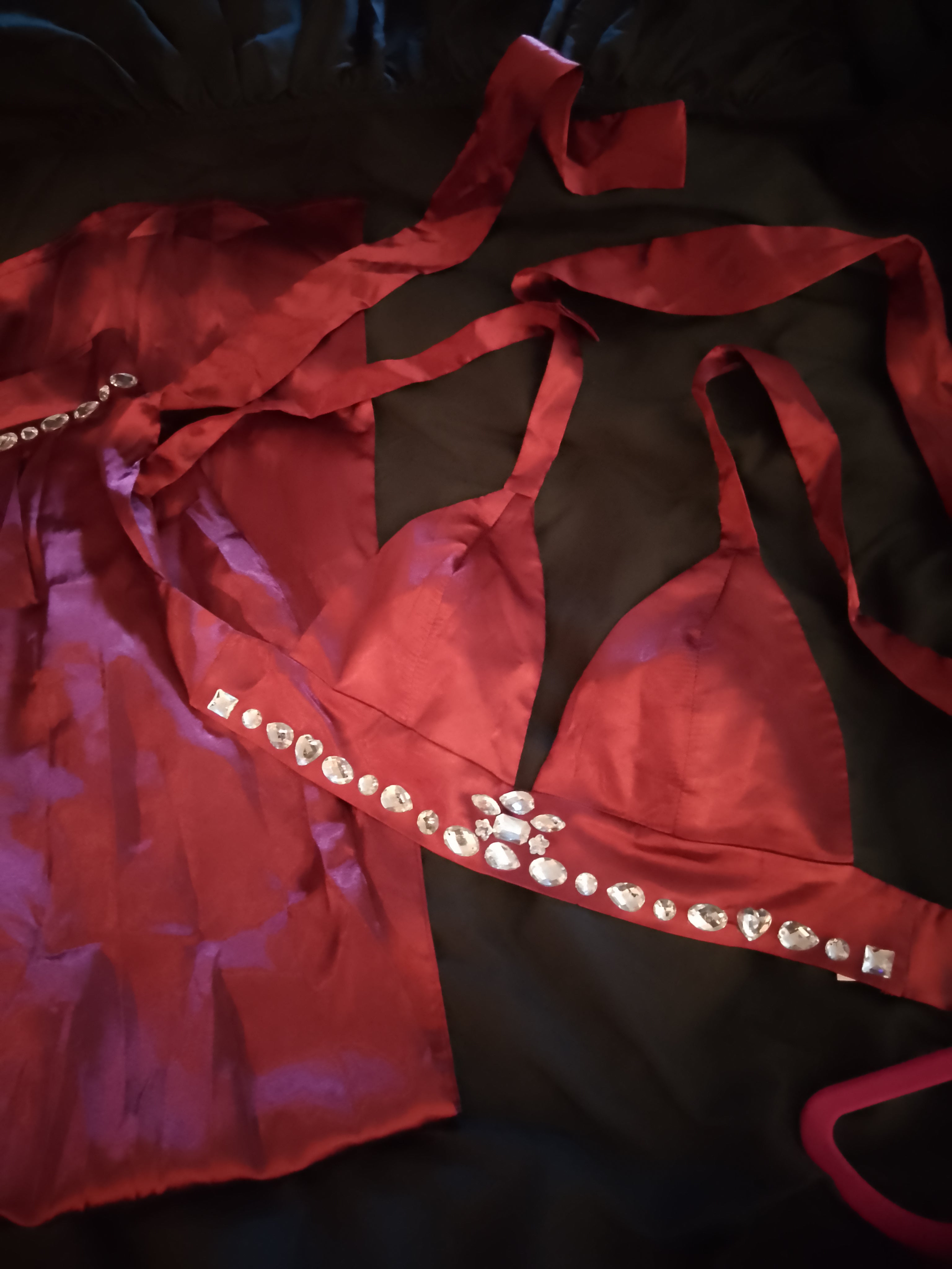 Candy Apple Red Kisses Satin Tie Back Top Wide Leg Pant Set W/ Silver Gems