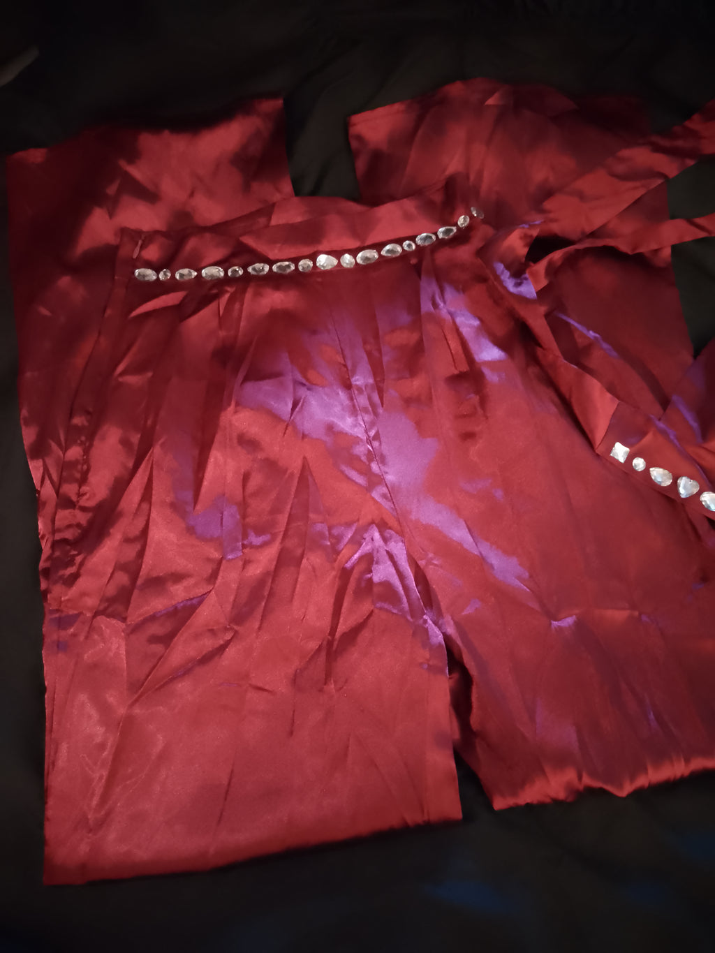 Candy Apple Red Kisses Satin Tie Back Top Wide Leg Pant Set W/ Silver Gems