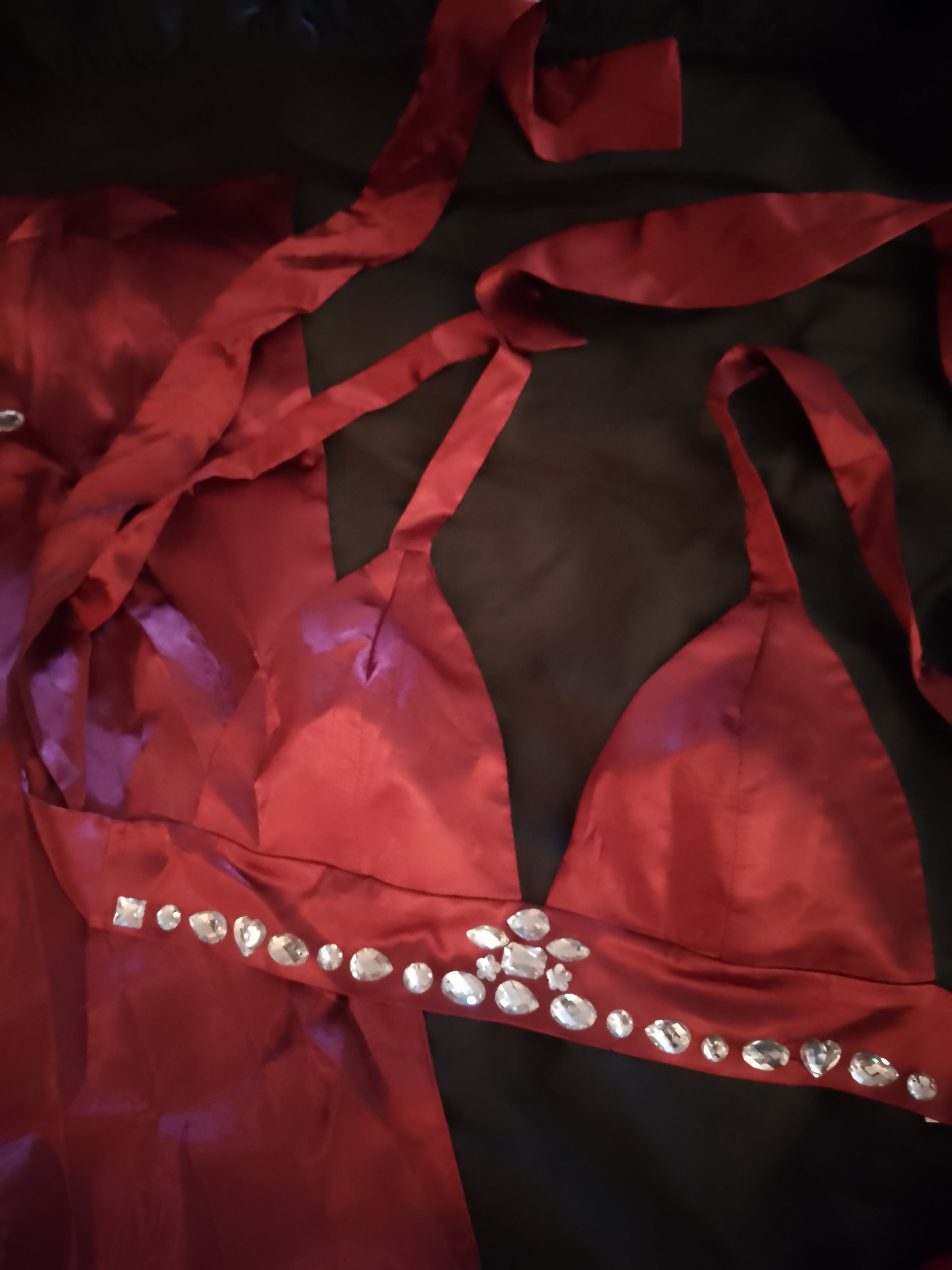 Candy Apple Red Kisses Satin Tie Back Top Wide Leg Pant Set W/ Silver Gems