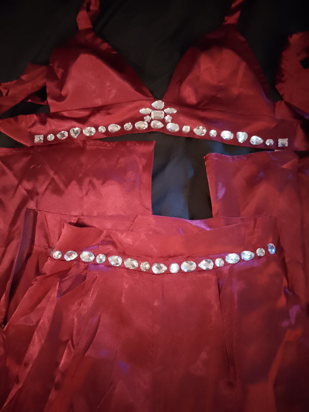 Candy Apple Red Kisses Satin Tie Back Top Wide Leg Pant Set W/ Silver Gems