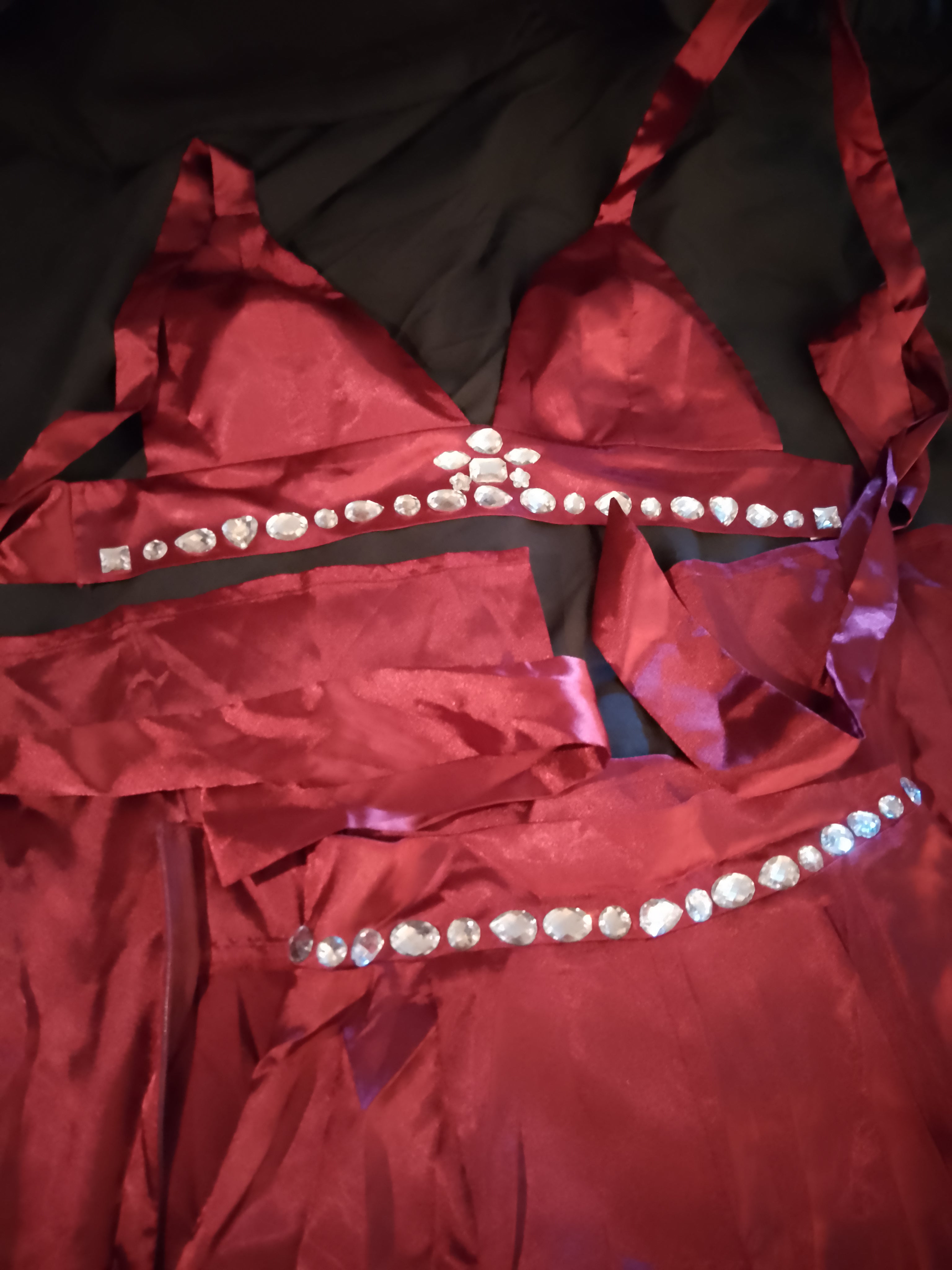 Candy Apple Red Kisses Satin Tie Back Top Wide Leg Pant Set W/ Silver Gems