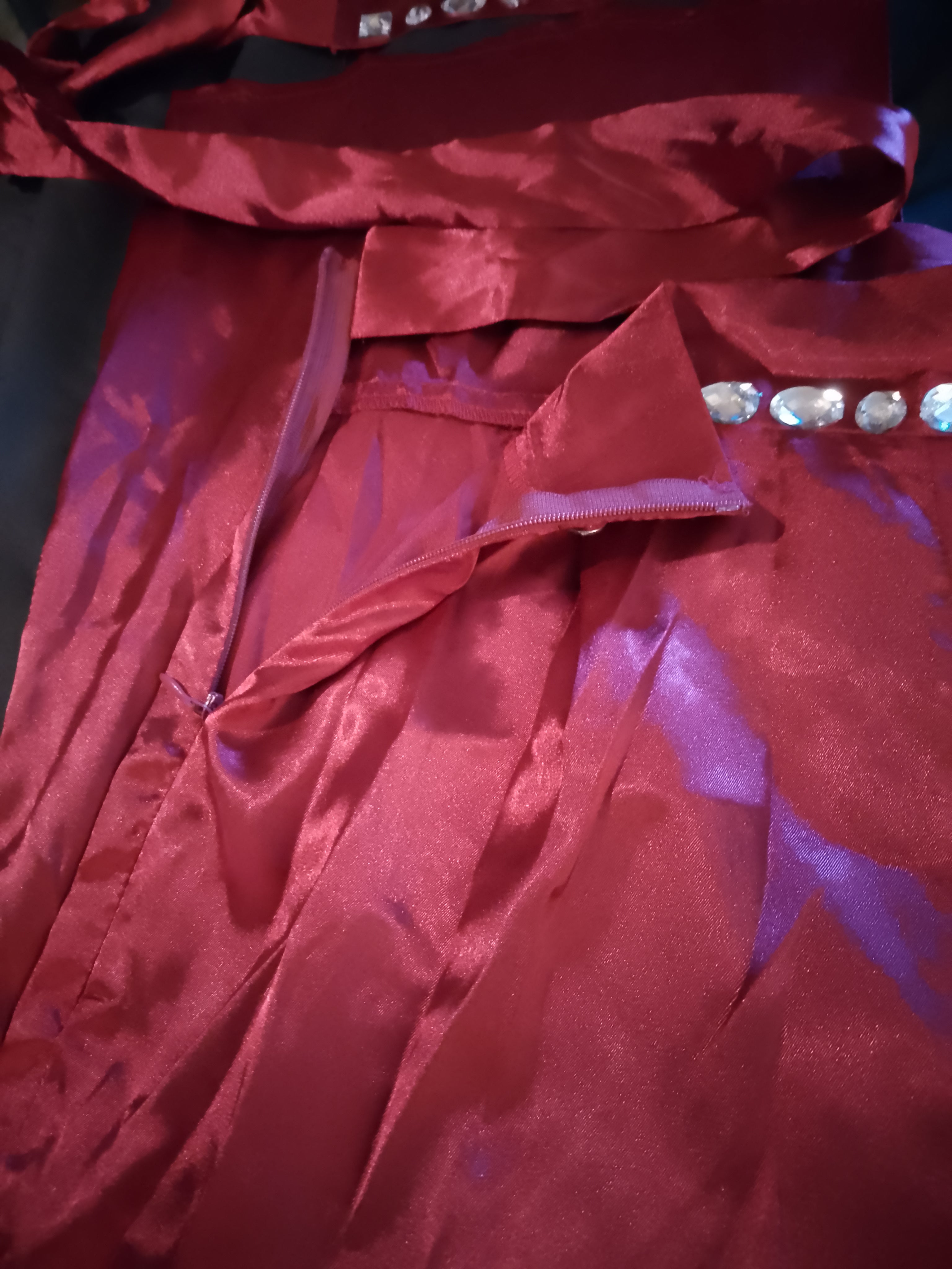 Candy Apple Red Kisses Satin Tie Back Top Wide Leg Pant Set W/ Silver Gems
