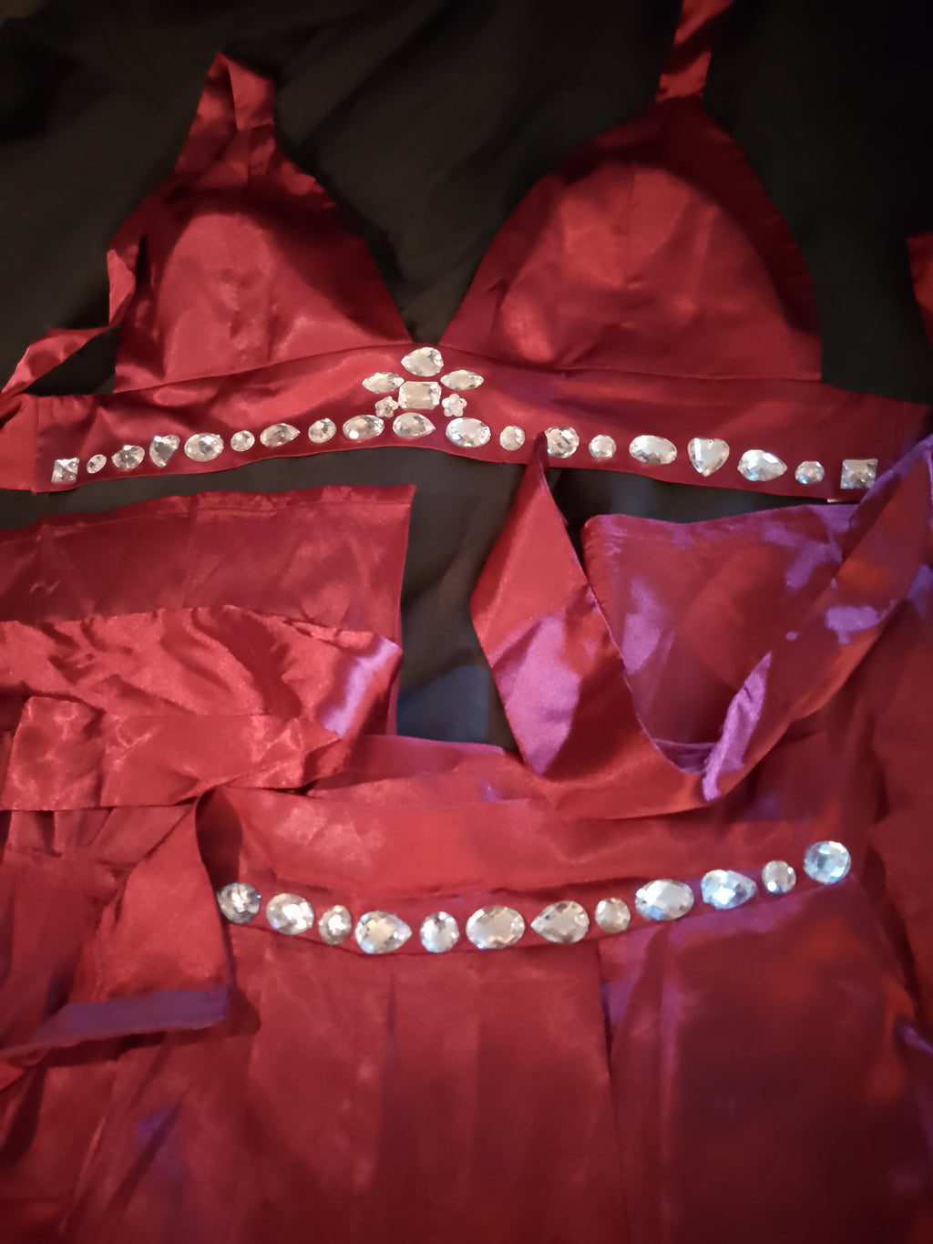 Candy Apple Red Kisses Satin Tie Back Top Wide Leg Pant Set W/ Silver Gems
