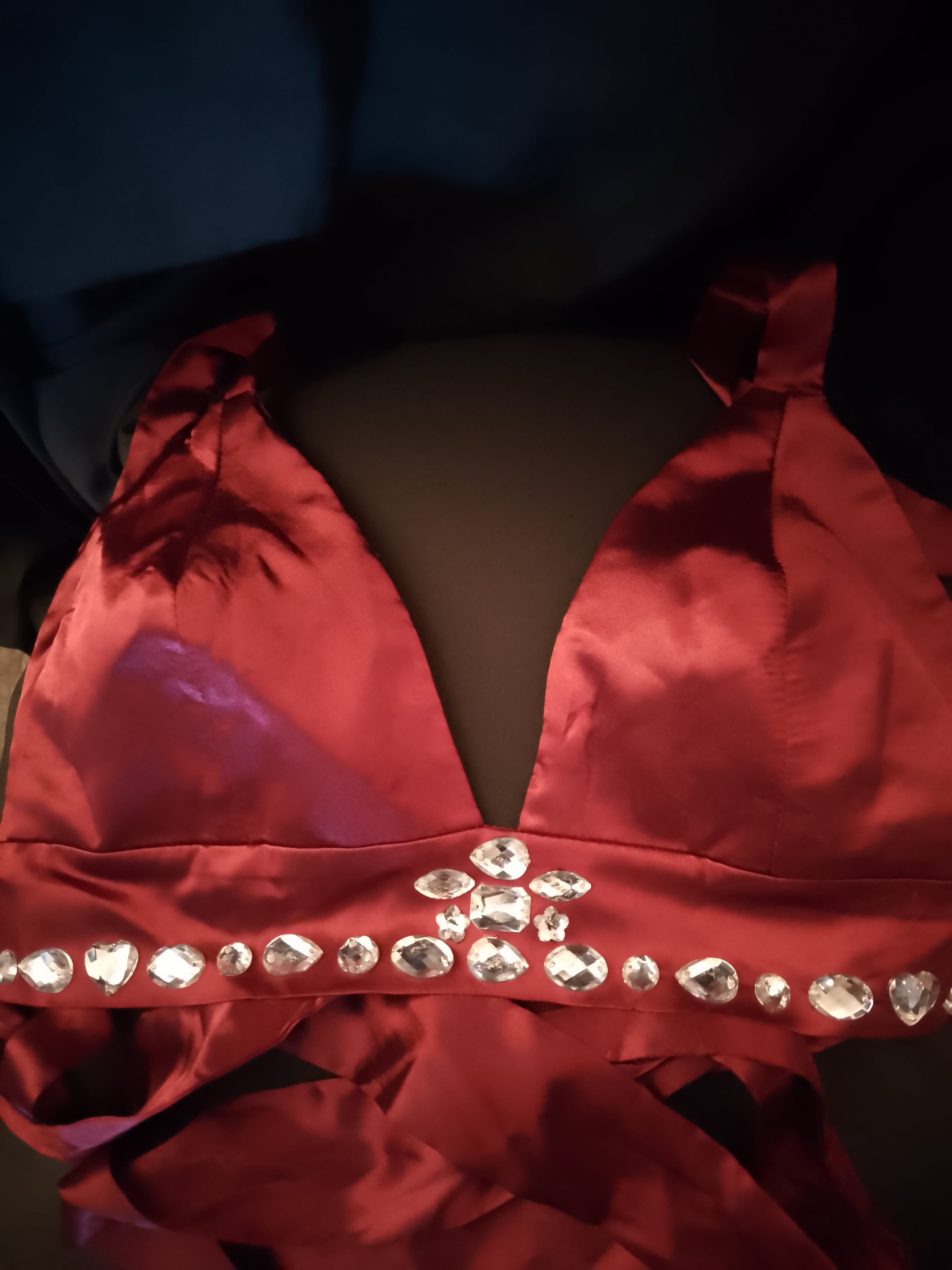 Candy Apple Red Kisses Satin Tie Back Top Wide Leg Pant Set W/ Silver Gems