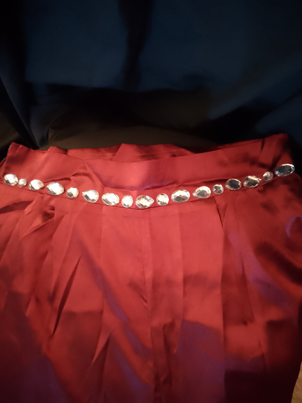 Candy Apple Red Kisses Satin Tie Back Top Wide Leg Pant Set W/ Silver Gems