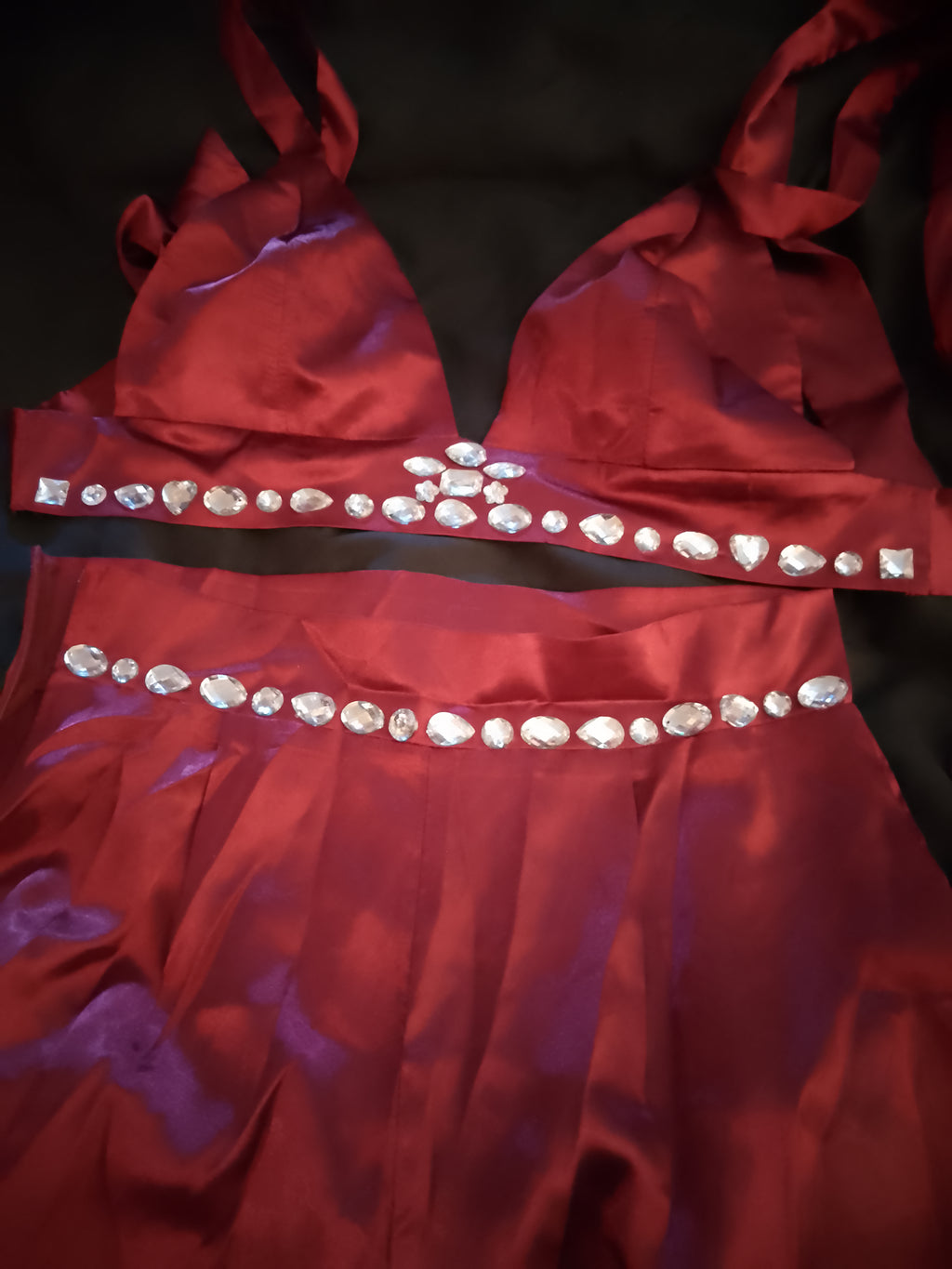 Candy Apple Red Kisses Satin Tie Back Top Wide Leg Pant Set W/ Silver Gems