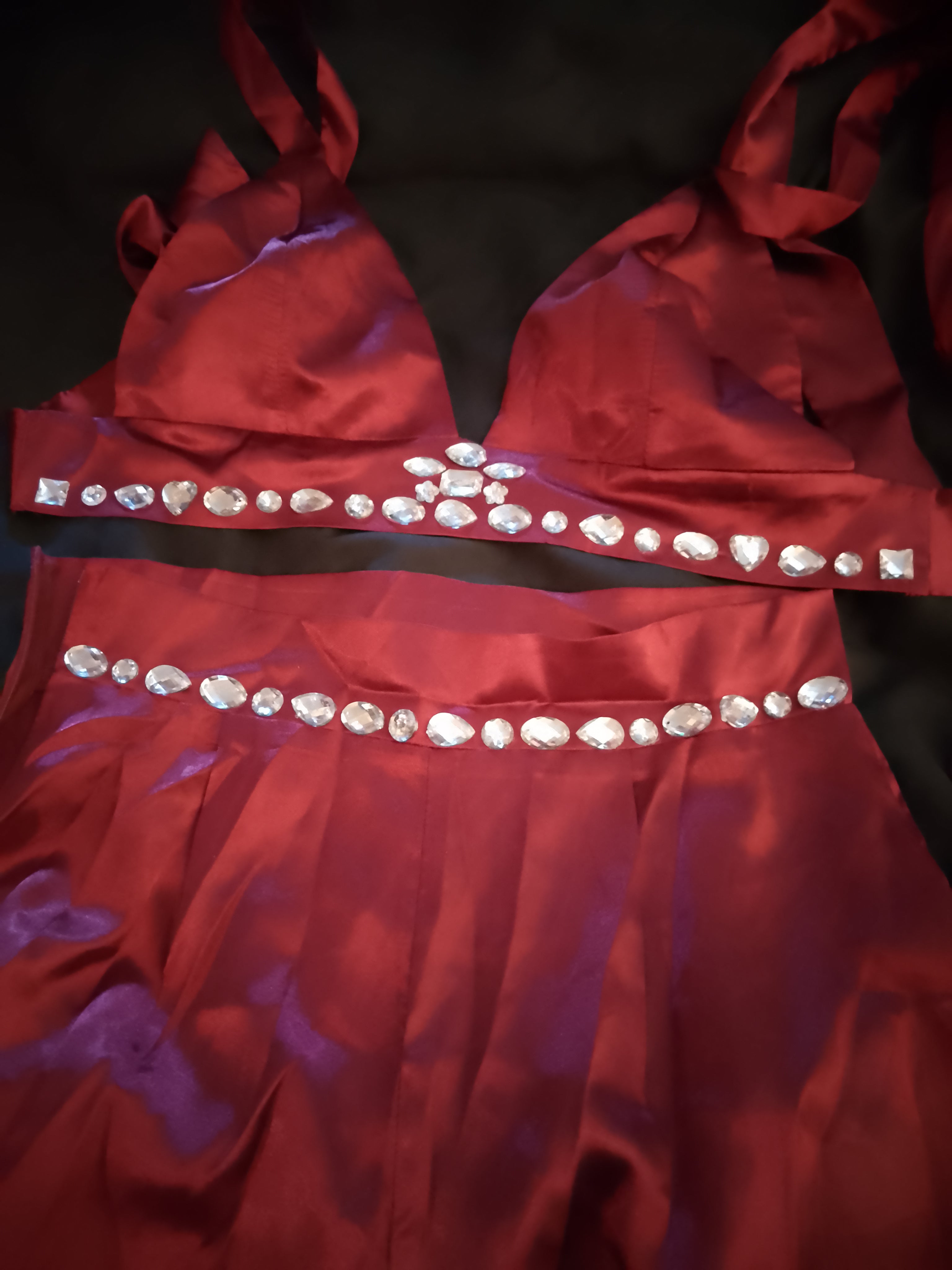 Candy Apple Red Kisses Satin Tie Back Top Wide Leg Pant Set W/ Silver Gems