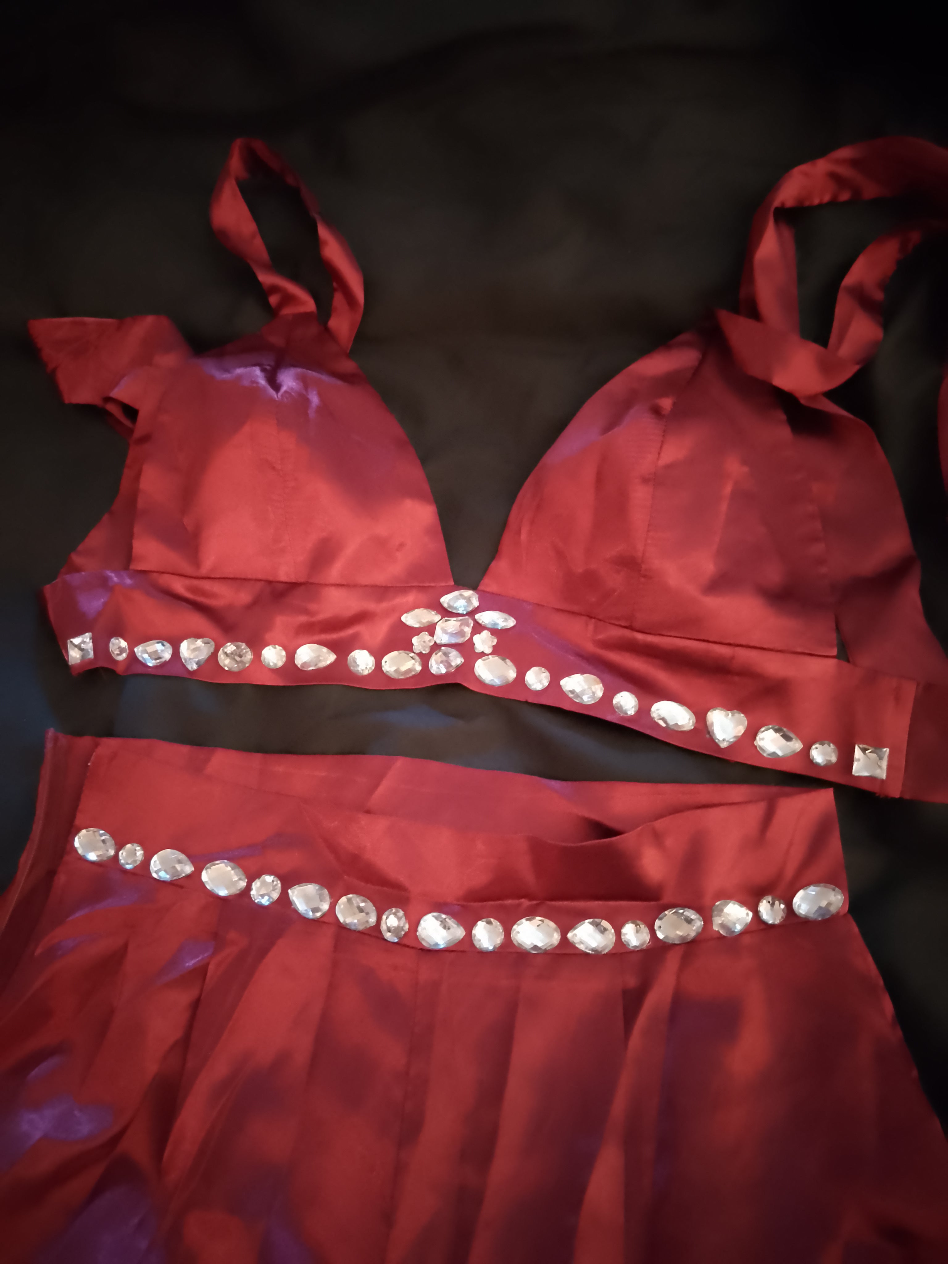 Candy Apple Red Kisses Satin Tie Back Top Wide Leg Pant Set W/ Silver Gems