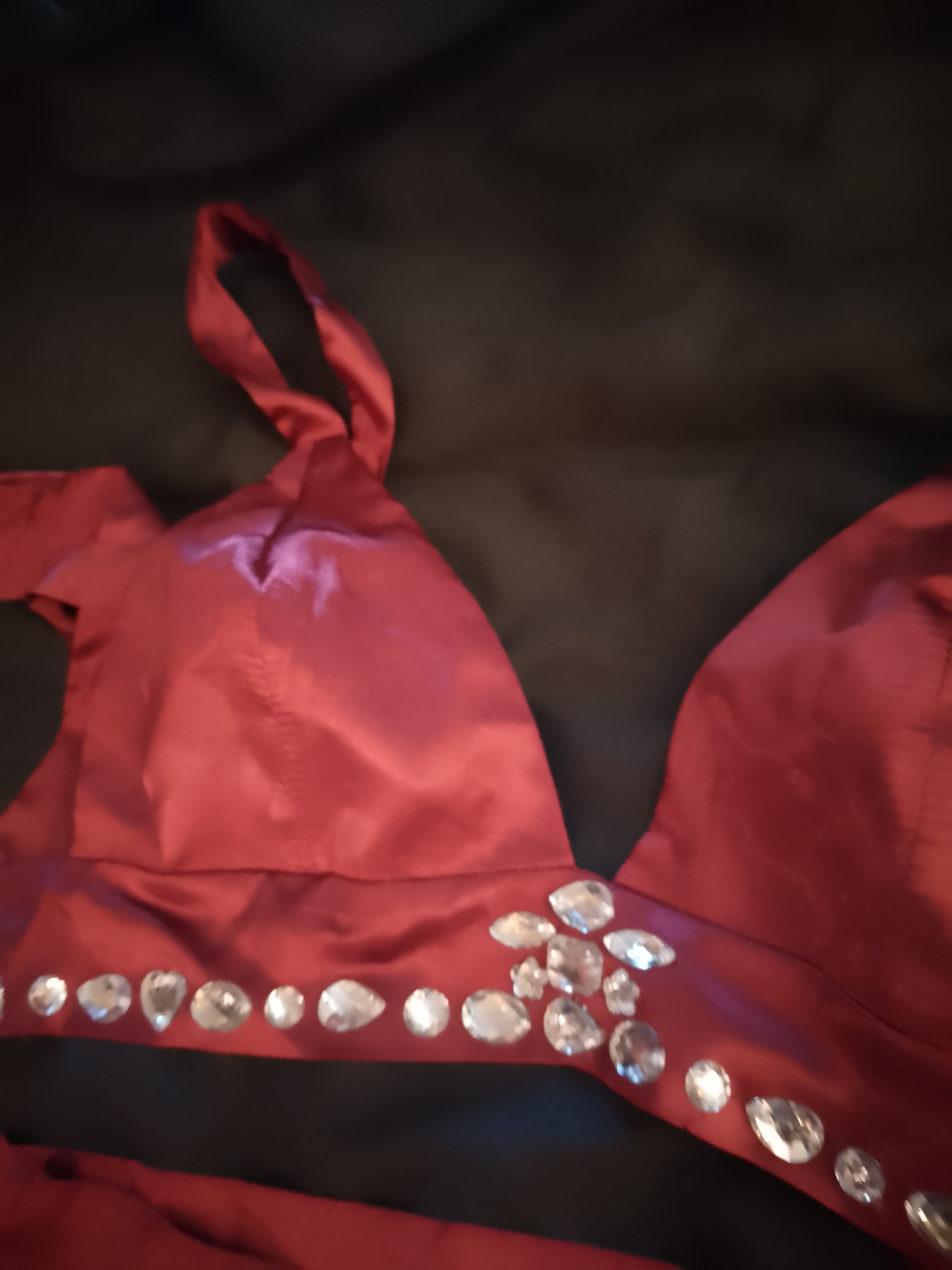 Candy Apple Red Kisses Satin Tie Back Top Wide Leg Pant Set W/ Silver Gems