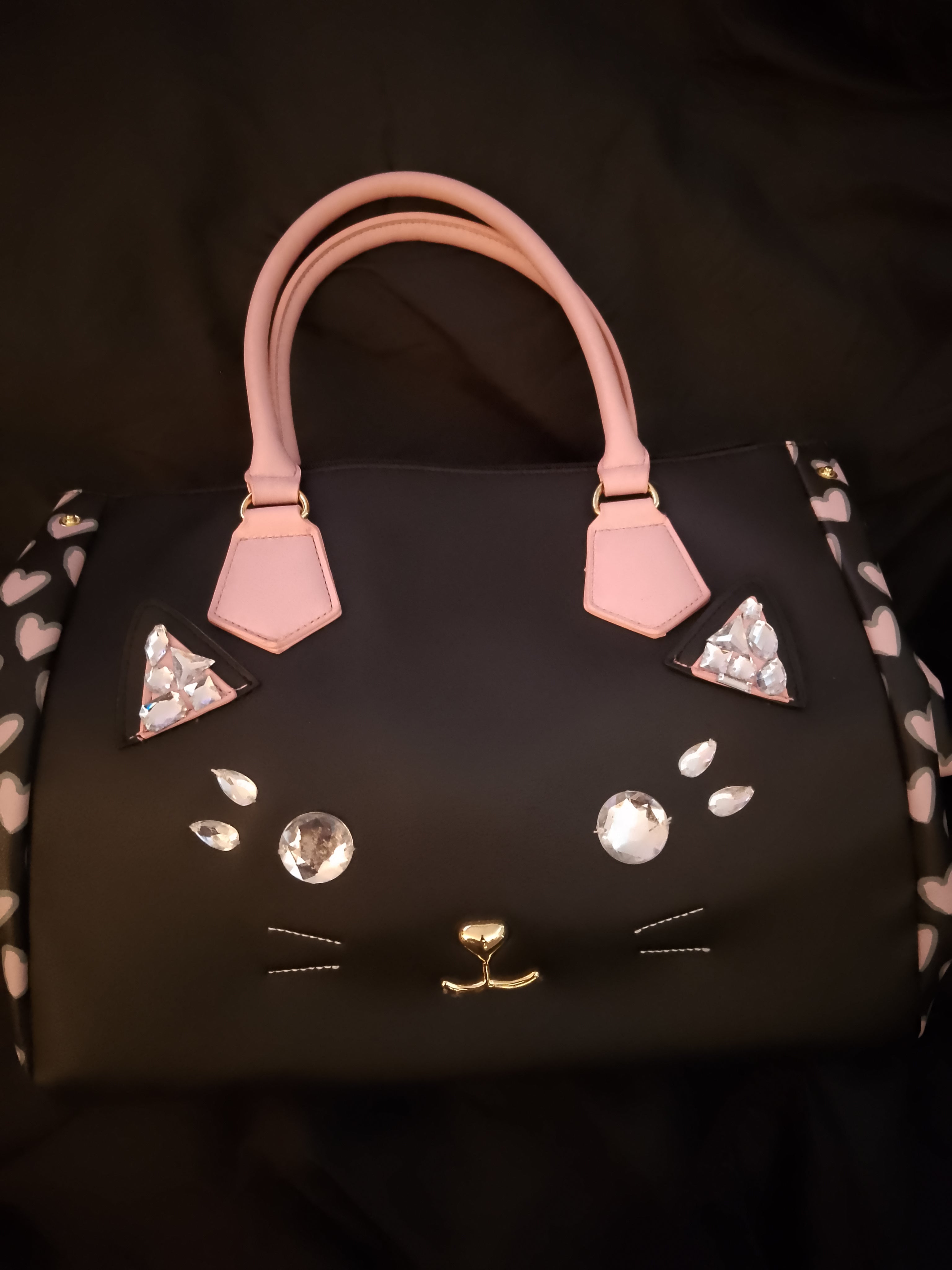 T -  Cat Face Meow Black & Baby Pink Over Sized Bag