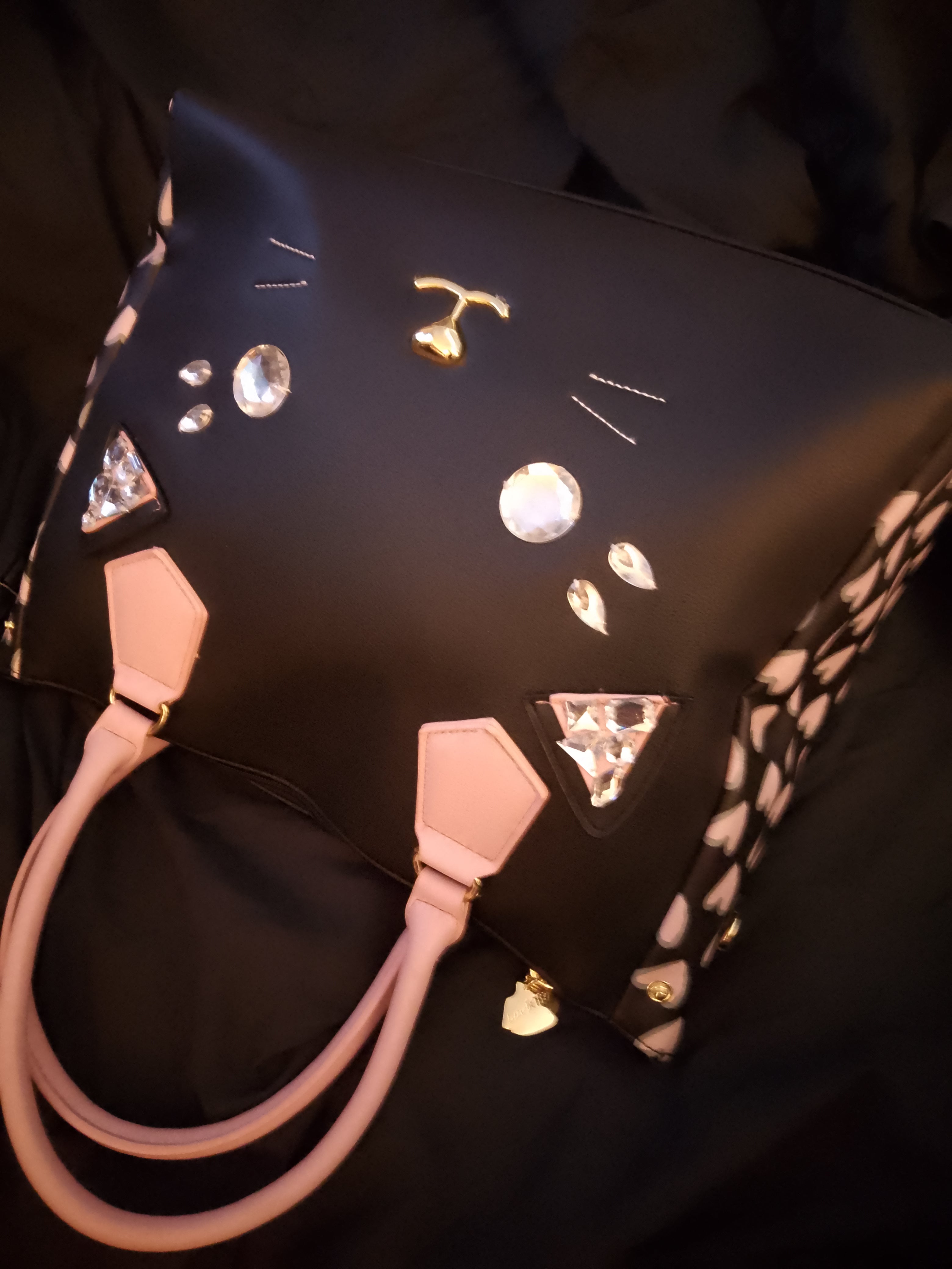 T -  Cat Face Meow Black & Baby Pink Over Sized Bag