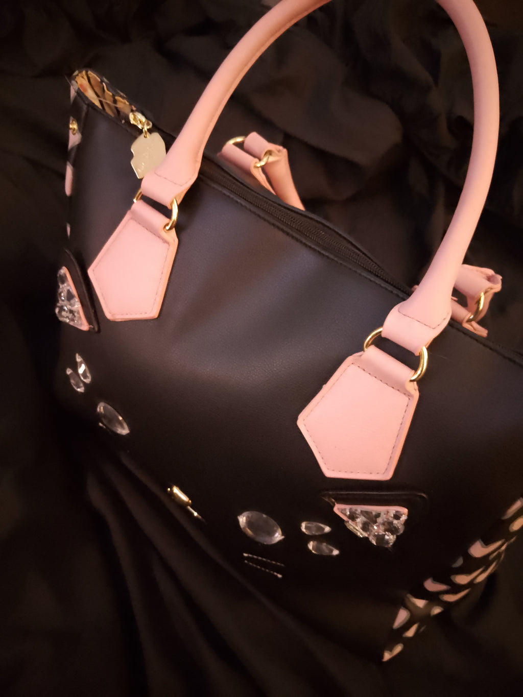 T -  Cat Face Meow Black & Baby Pink Over Sized Bag