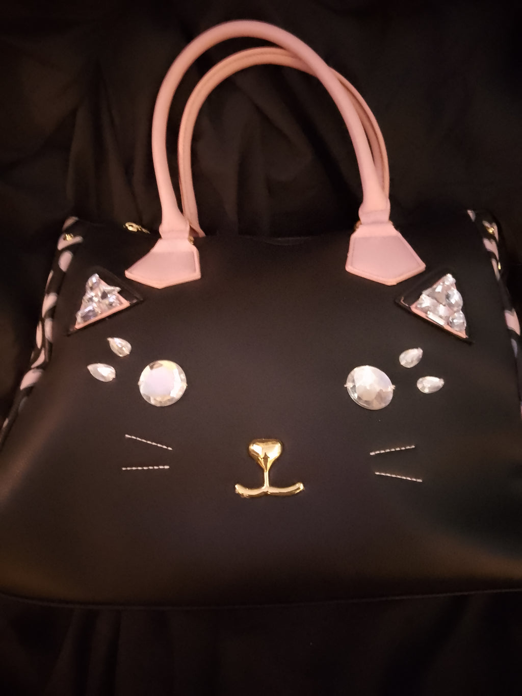 T -  Cat Face Meow Black & Baby Pink Over Sized Bag
