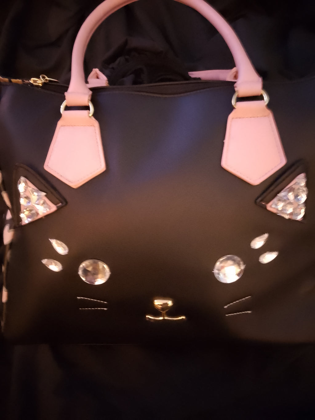 T -  Cat Face Meow Black & Baby Pink Over Sized Bag