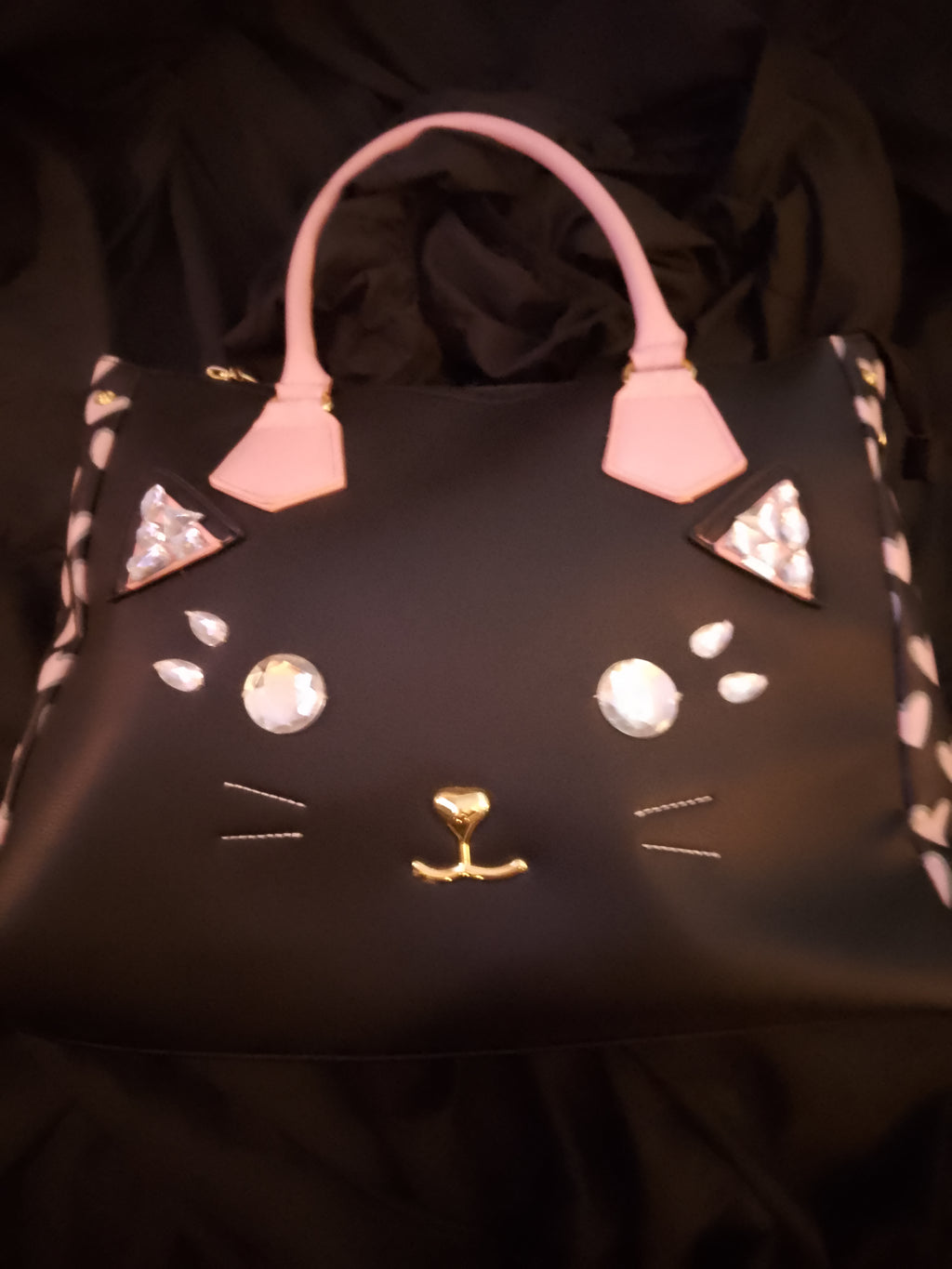 T -  Cat Face Meow Black & Baby Pink Over Sized Bag