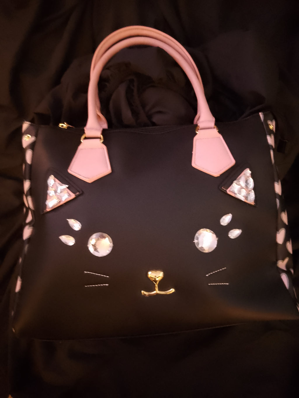 T -  Cat Face Meow Black & Baby Pink Over Sized Bag