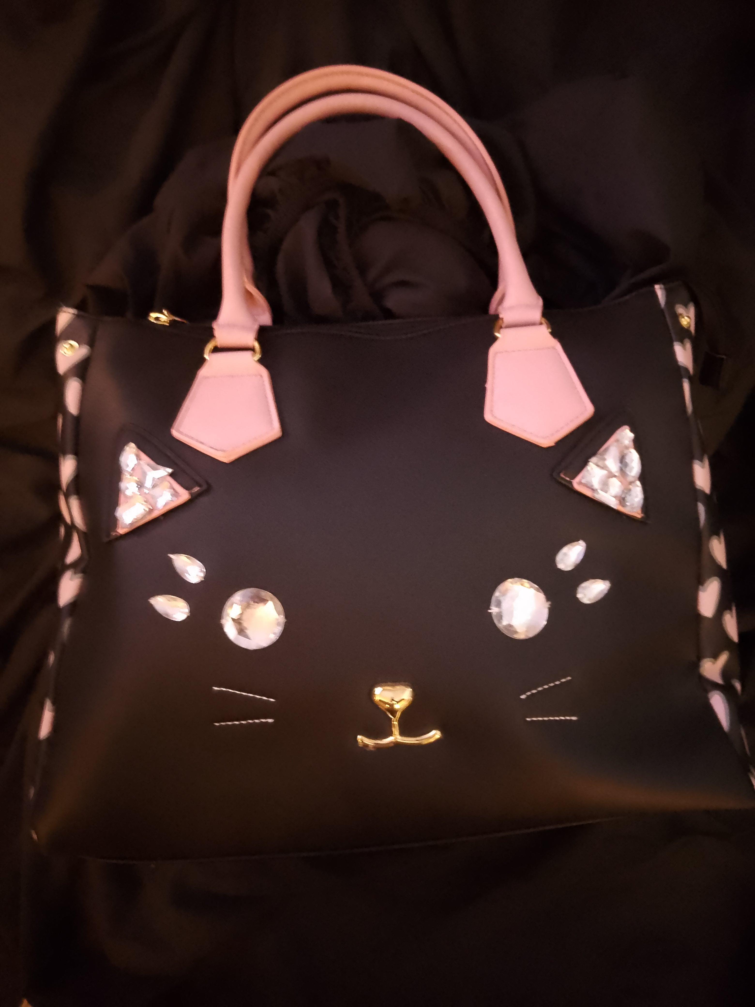 T -  Cat Face Meow Black & Baby Pink Over Sized Bag