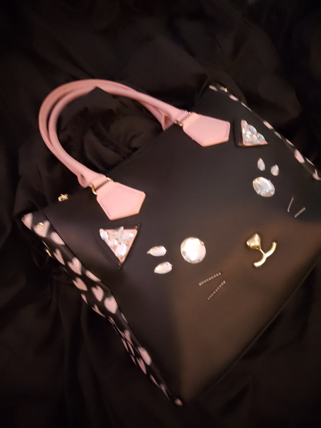 T -  Cat Face Meow Black & Baby Pink Over Sized Bag