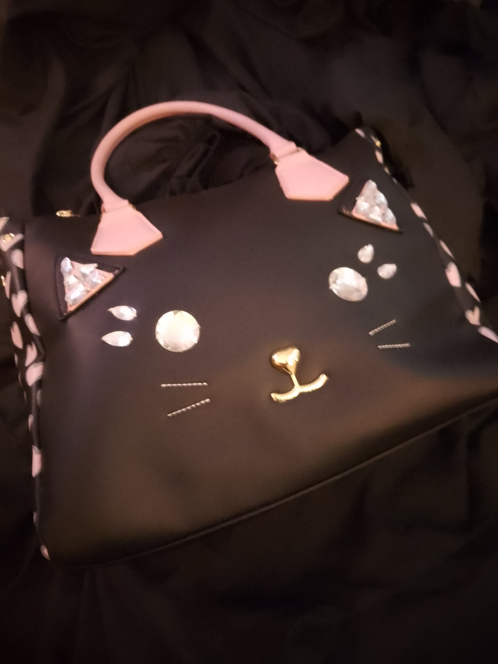 T -  Cat Face Meow Black & Baby Pink Over Sized Bag