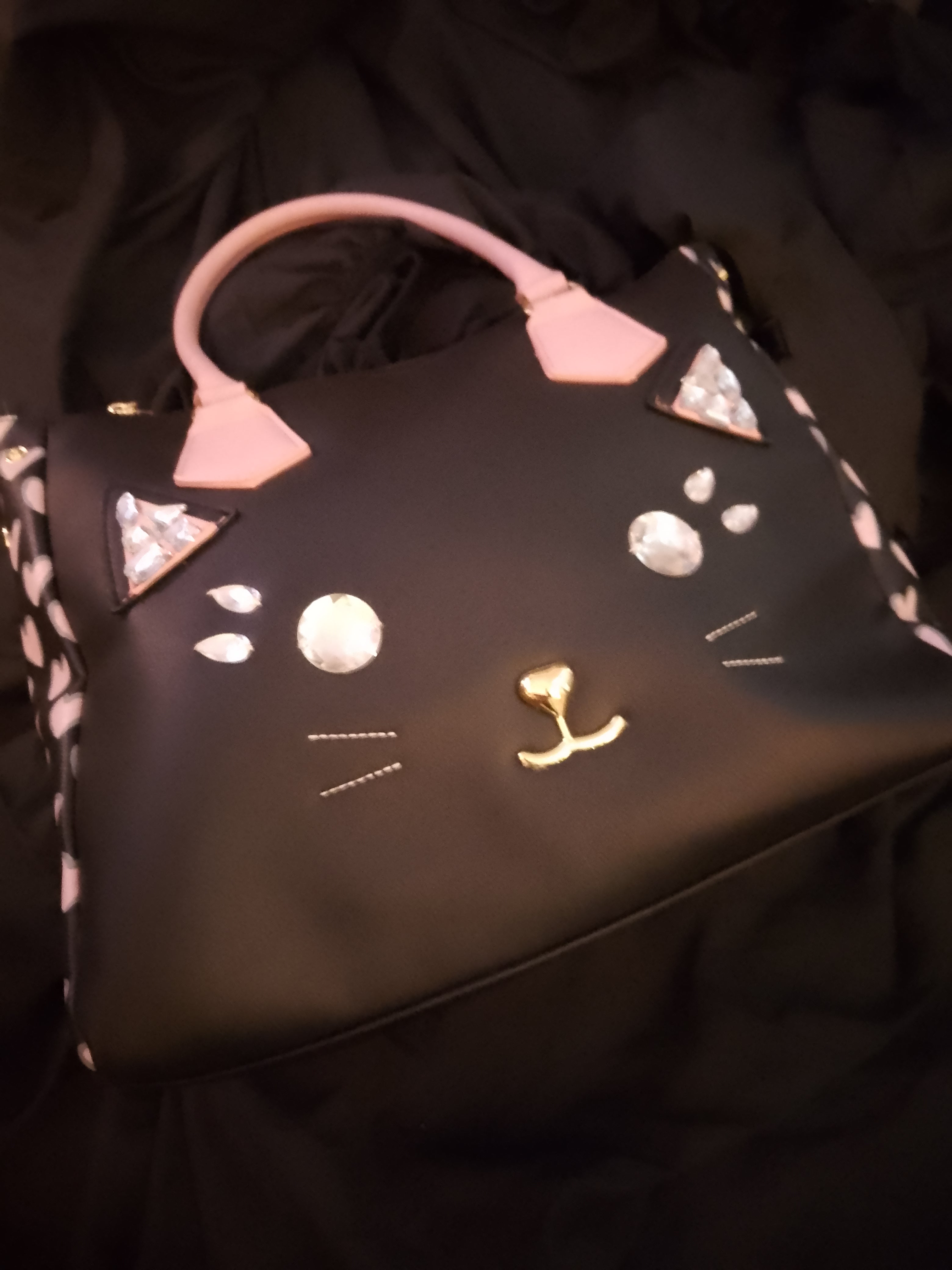 T -  Cat Face Meow Black & Baby Pink Over Sized Bag