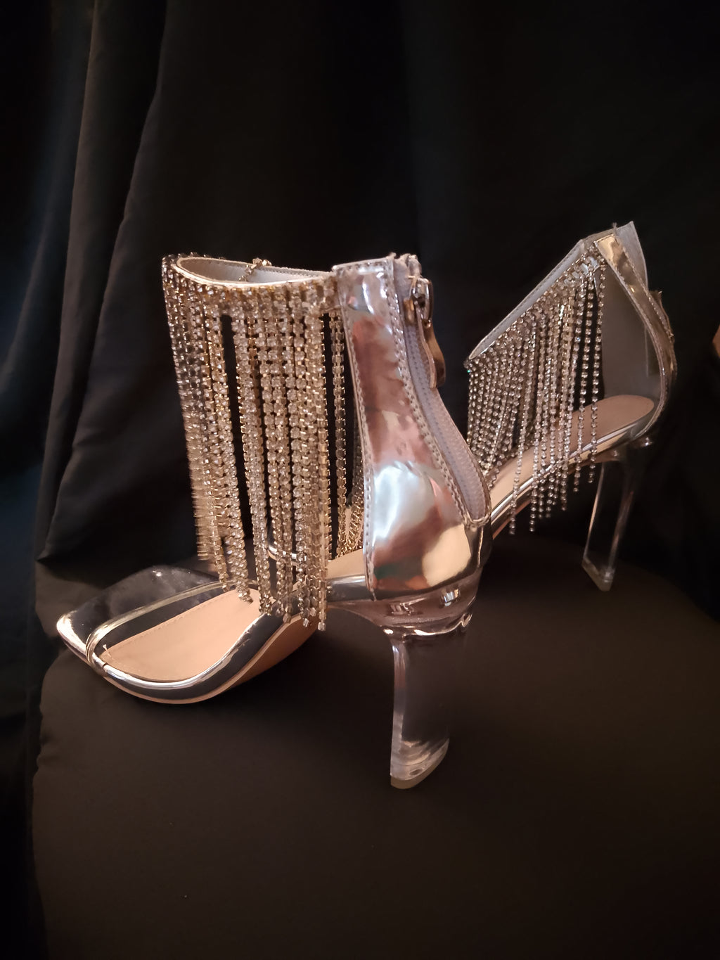 Platinum Sway To The Beat Cascade Tassel Clear Heel Pumps