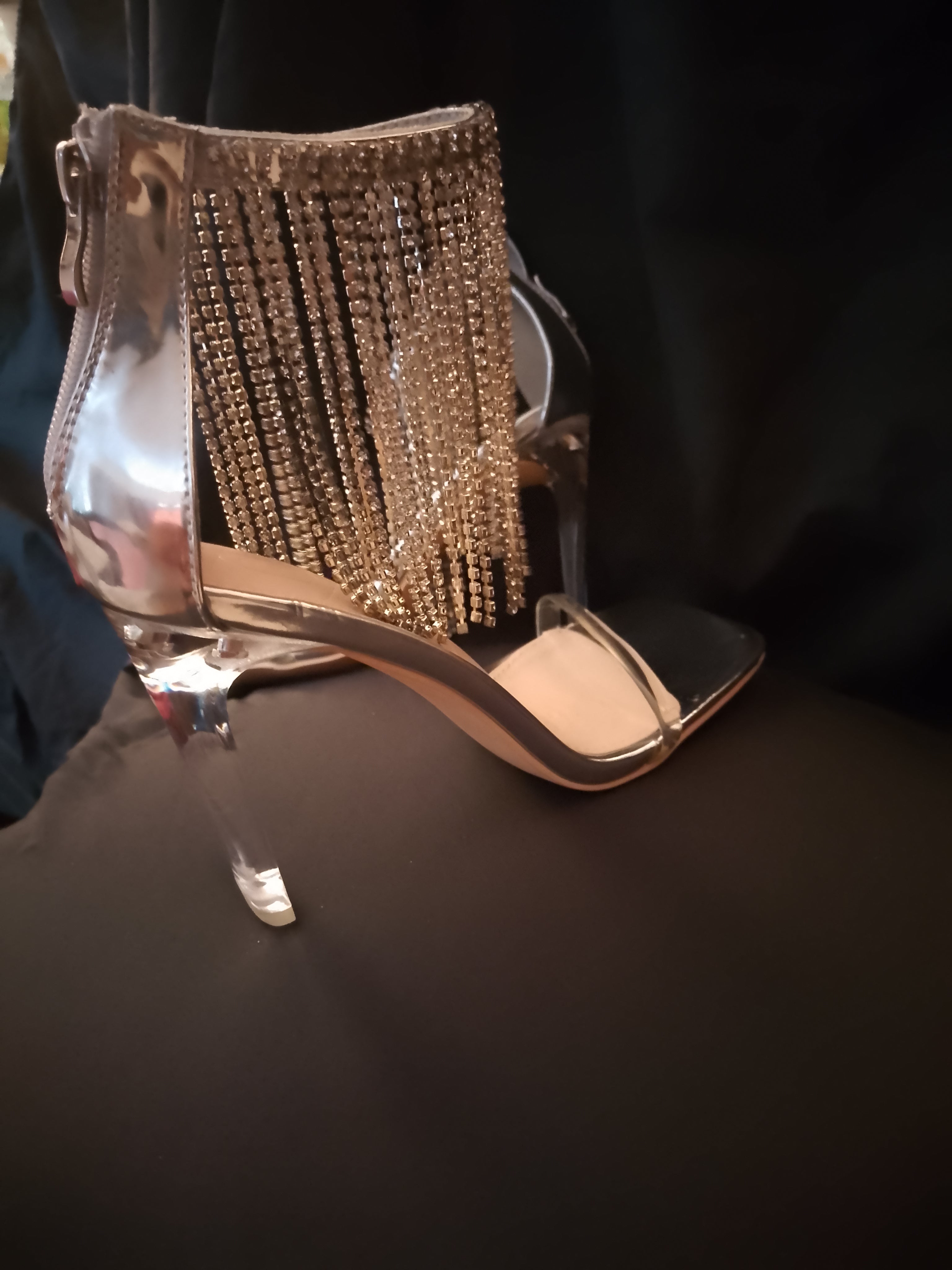Platinum Sway To The Beat Cascade Tassel Clear Heel Pumps