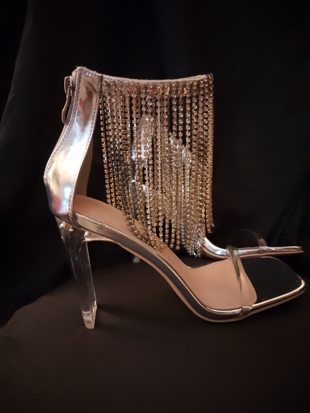 Platinum Sway To The Beat Cascade Tassel Clear Heel Pumps