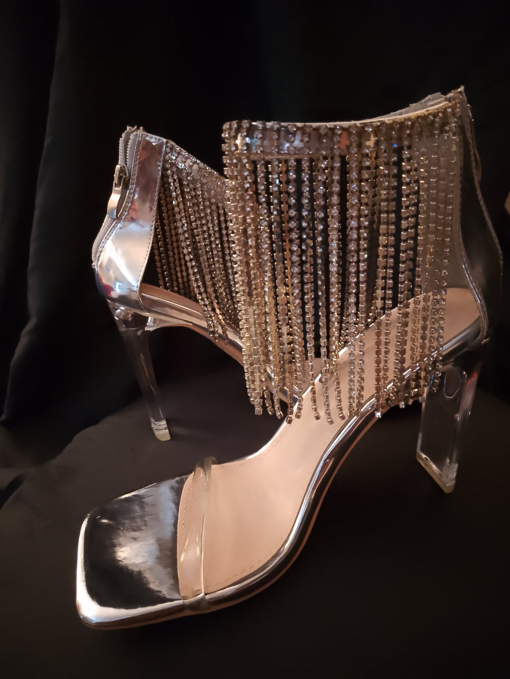 Platinum Sway To The Beat Cascade Tassel Clear Heel Pumps