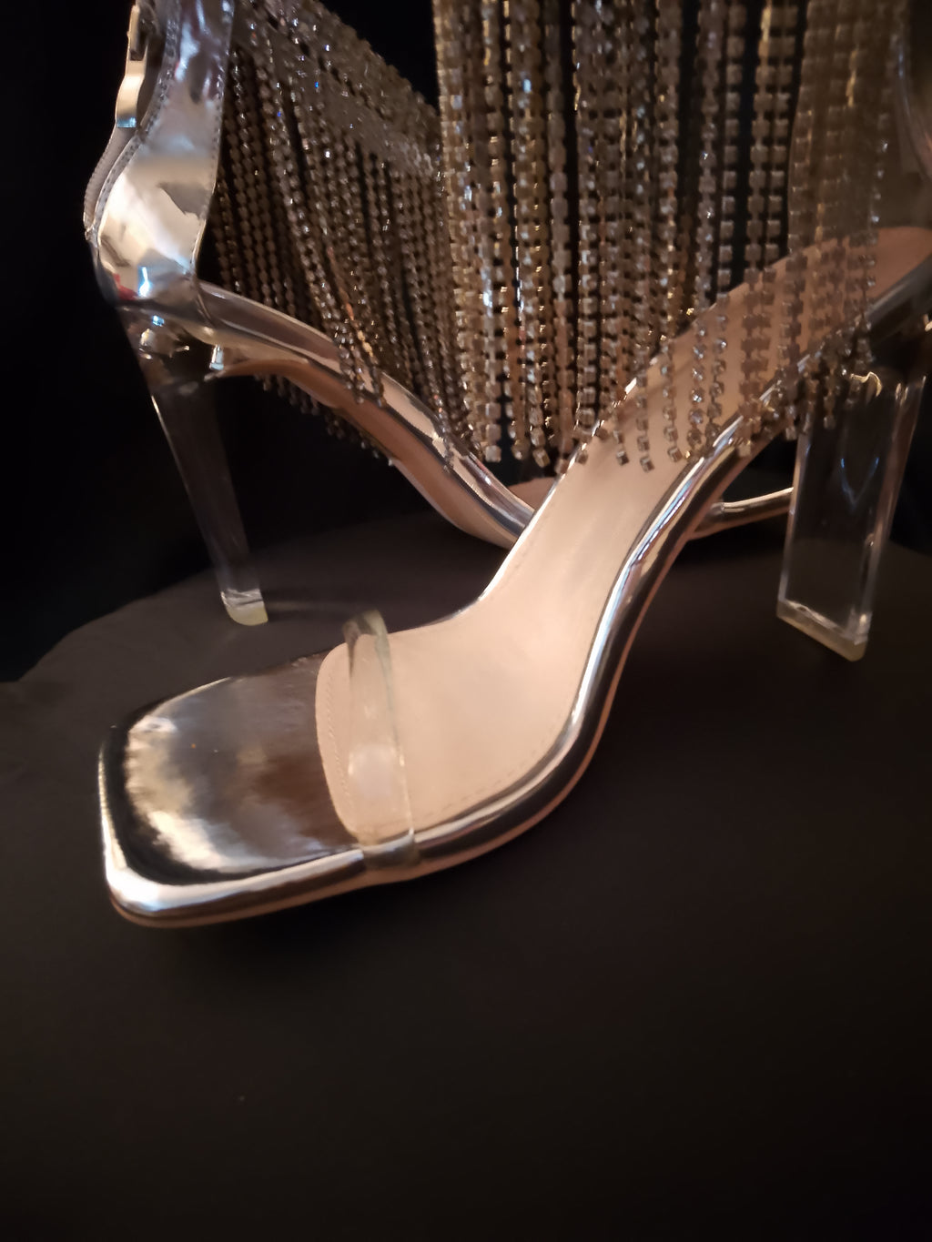 Platinum Sway To The Beat Cascade Tassel Clear Heel Pumps