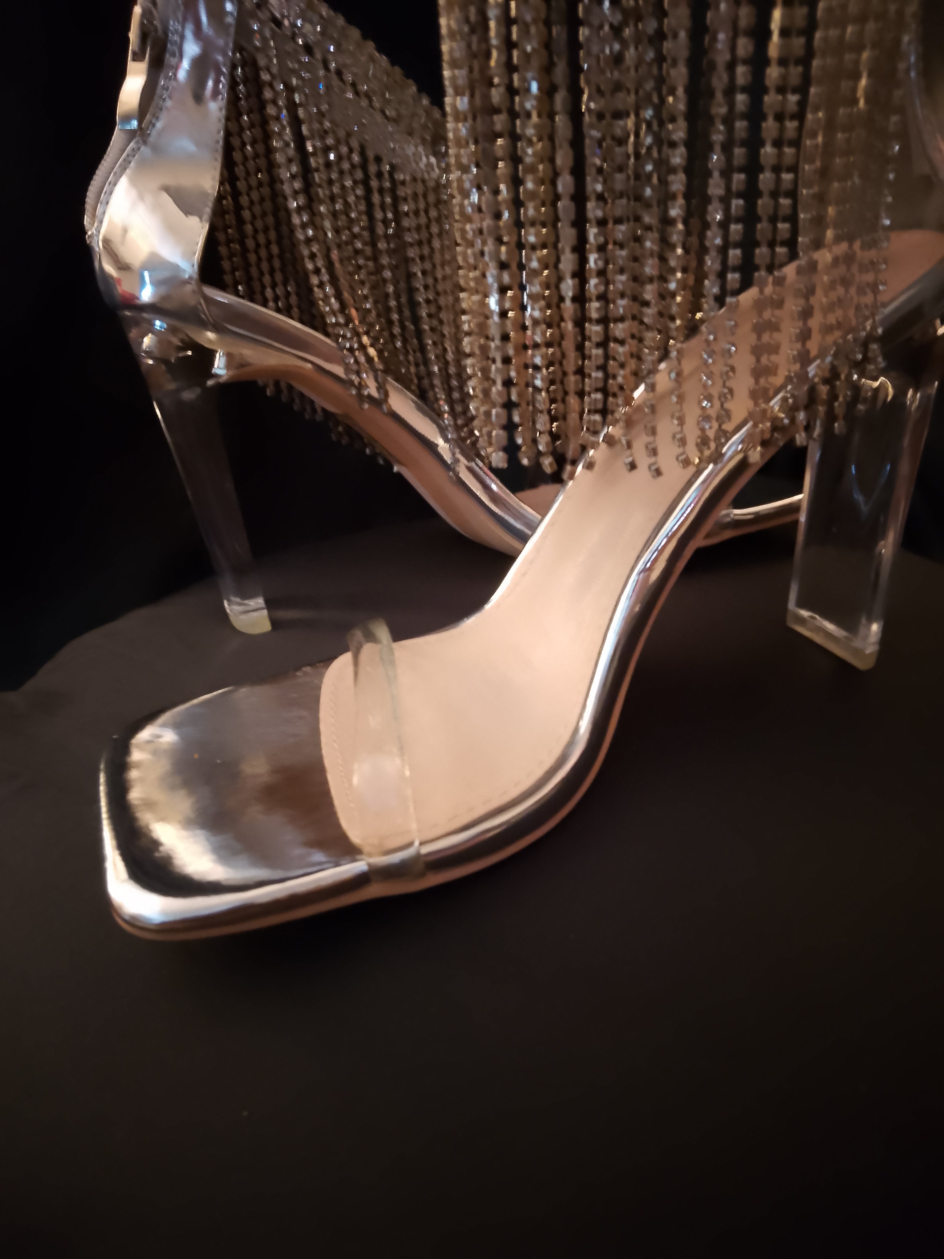 Platinum Sway To The Beat Cascade Tassel Clear Heel Pumps
