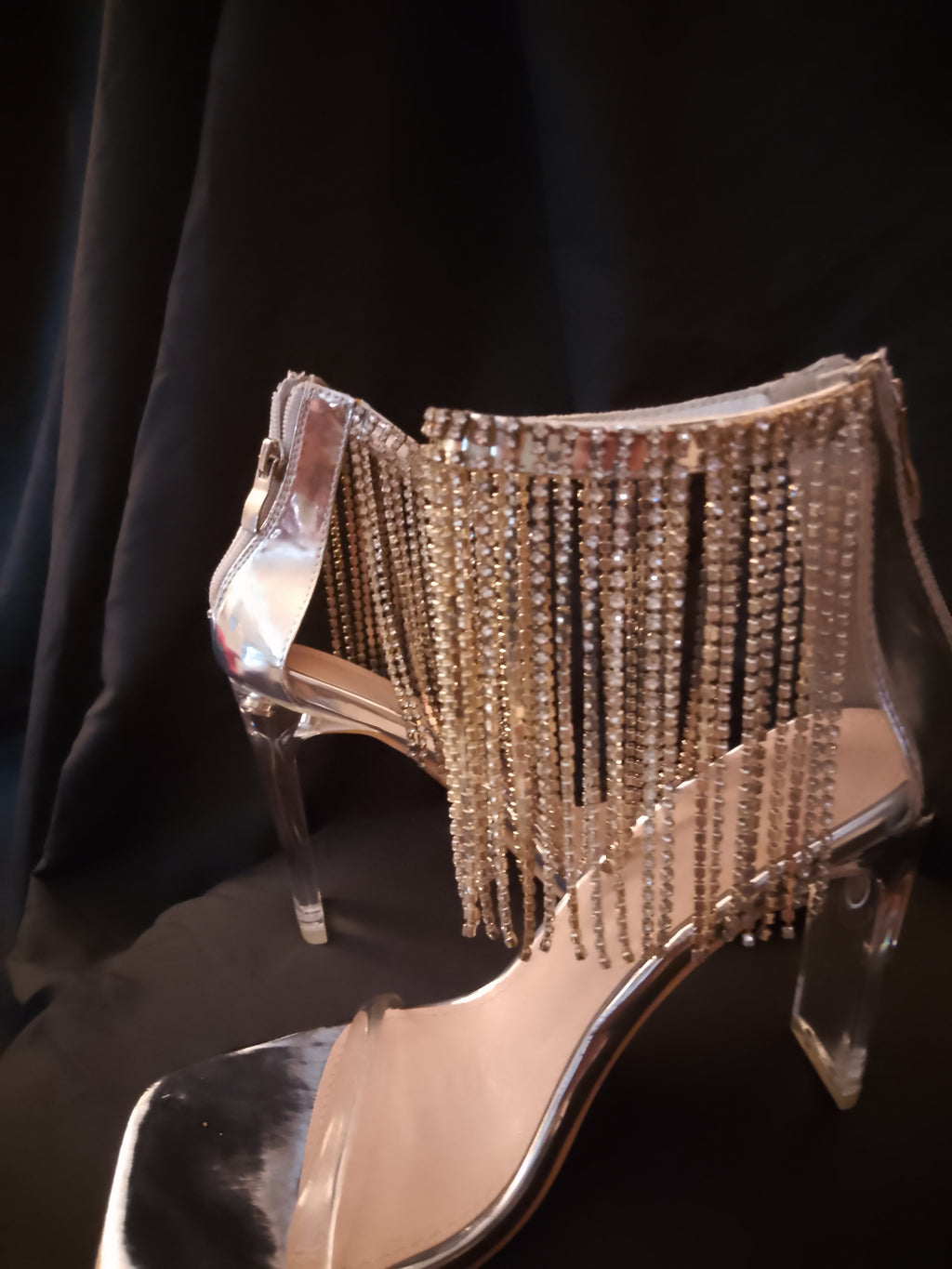 Platinum Sway To The Beat Cascade Tassel Clear Heel Pumps
