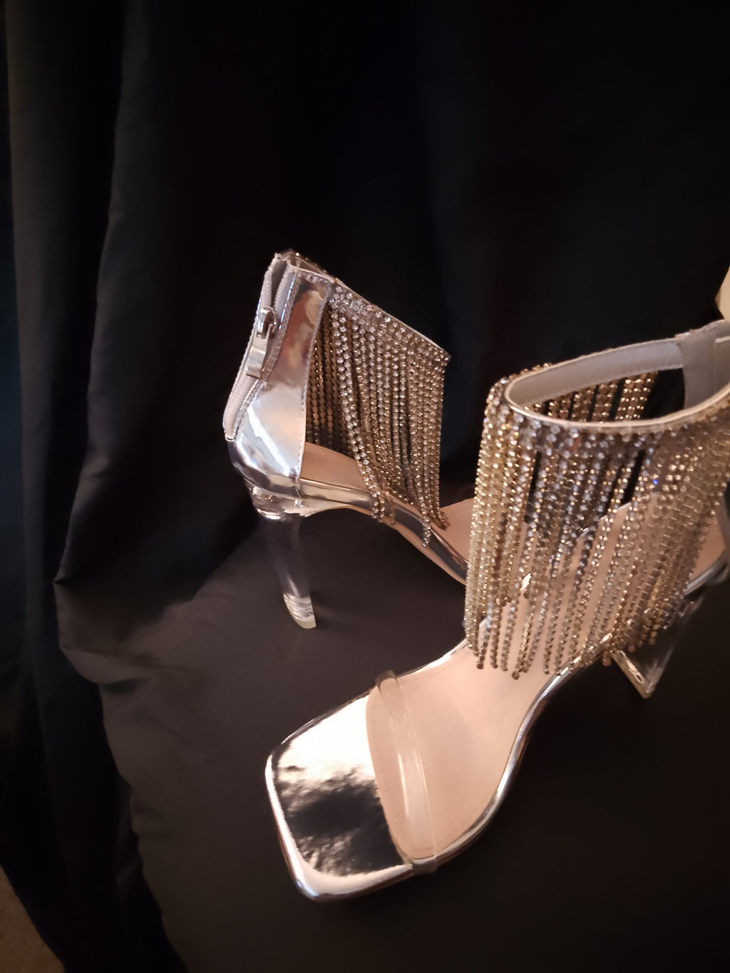 Platinum Sway To The Beat Cascade Tassel Clear Heel Pumps